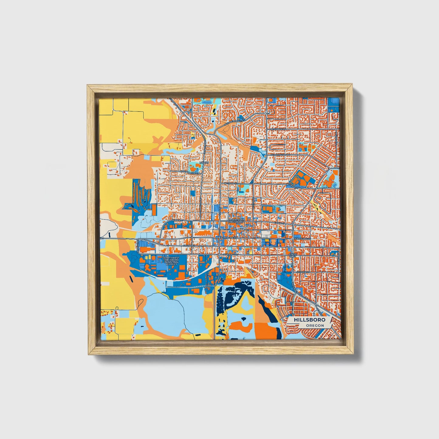 Hillsboro Oregon Colorful City Map Canvas Print • Natural Wooden Framed