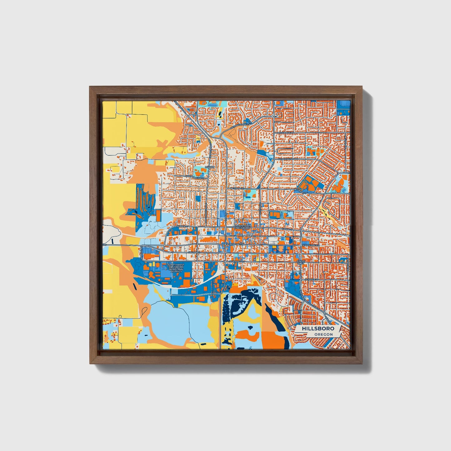 Hillsboro Oregon Colorful City Map Canvas Print • Dark Wooden Framed
