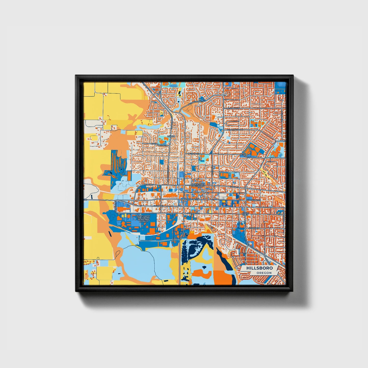 Hillsboro Oregon Colorful City Map Canvas Print • Black Framed