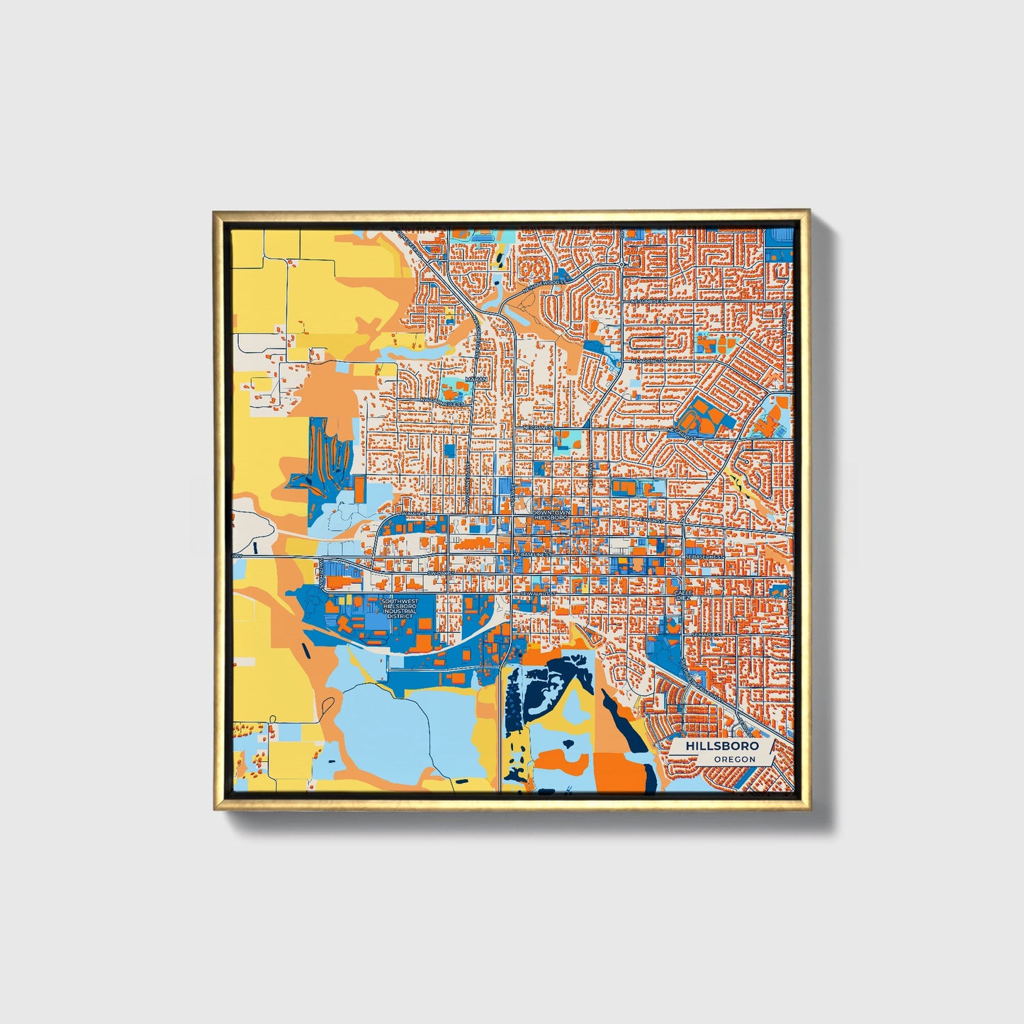 Hillsboro Oregon Colorful City Map Canvas Print • Gold Framed