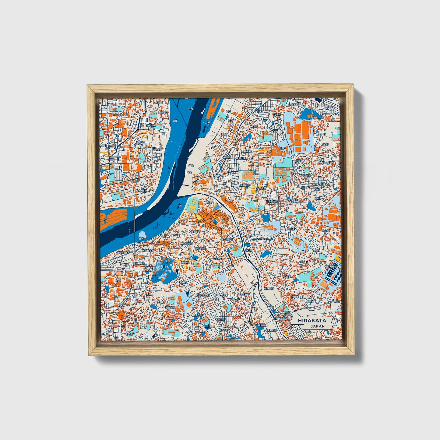Hirakata Japan Colorful City Map Canvas Print • Natural Wooden Framed