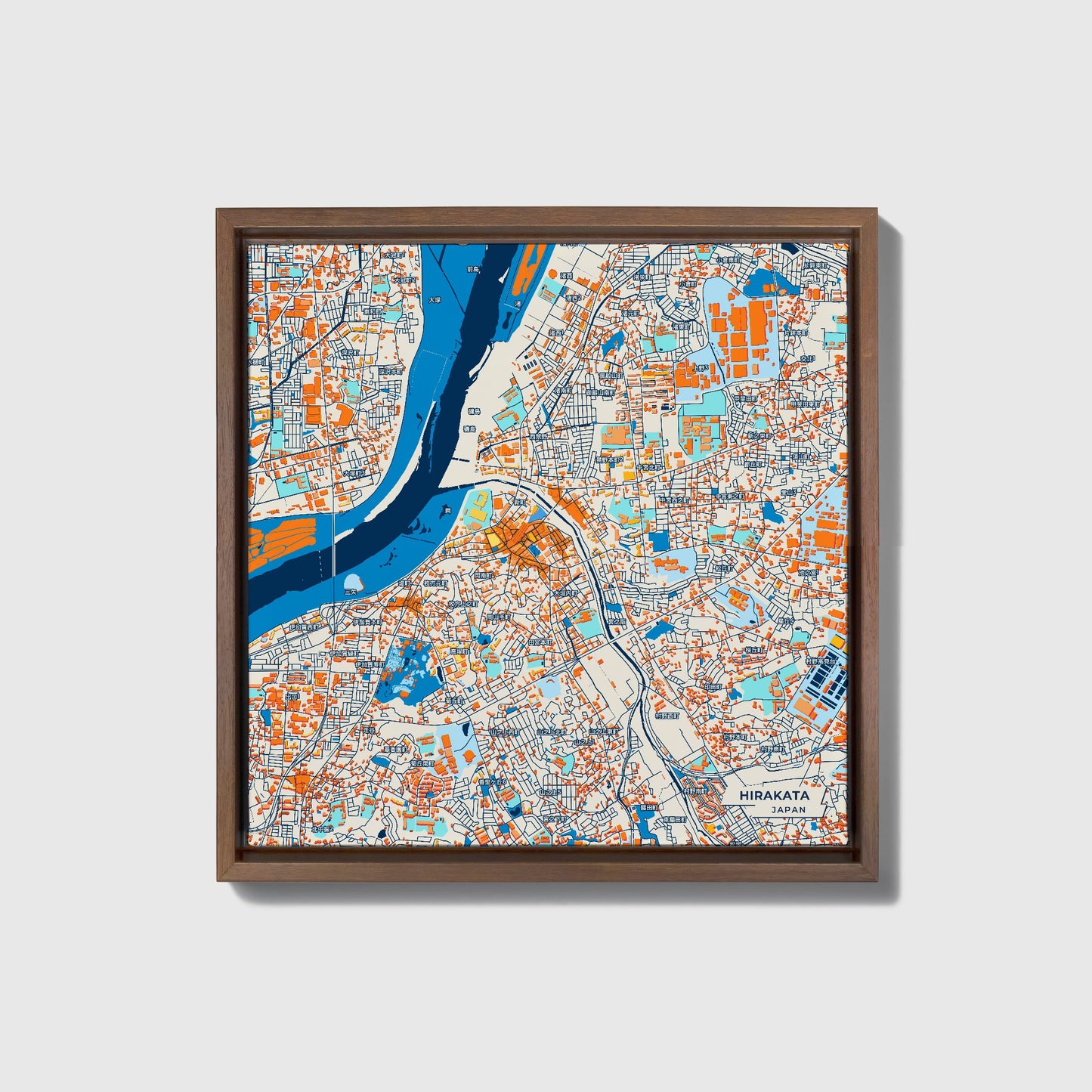 Hirakata Japan Colorful City Map Canvas Print • Dark Wooden Framed