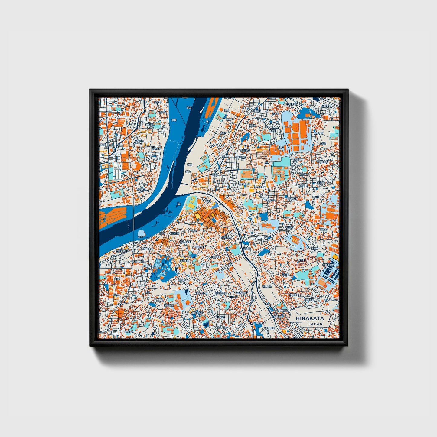 Hirakata Japan Colorful City Map Canvas Print • Black Framed