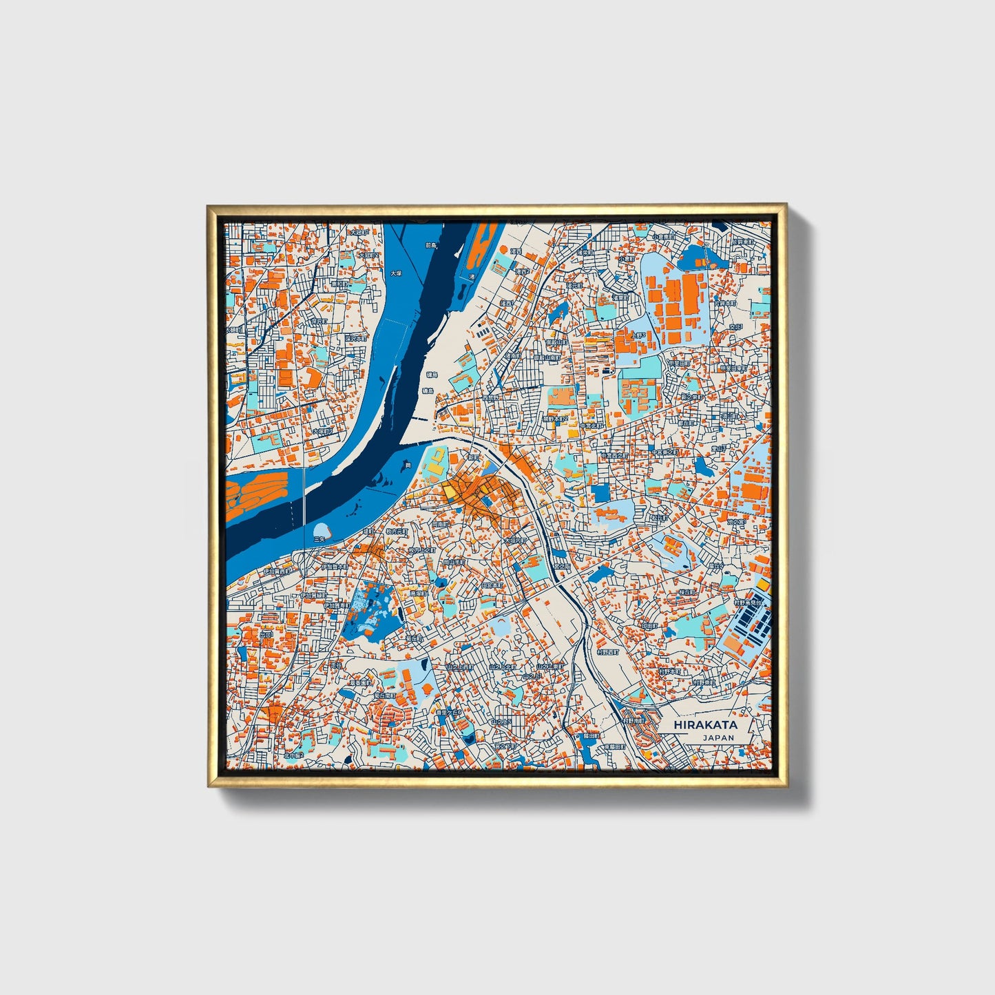 Hirakata Japan Colorful City Map Canvas Print • Gold Framed