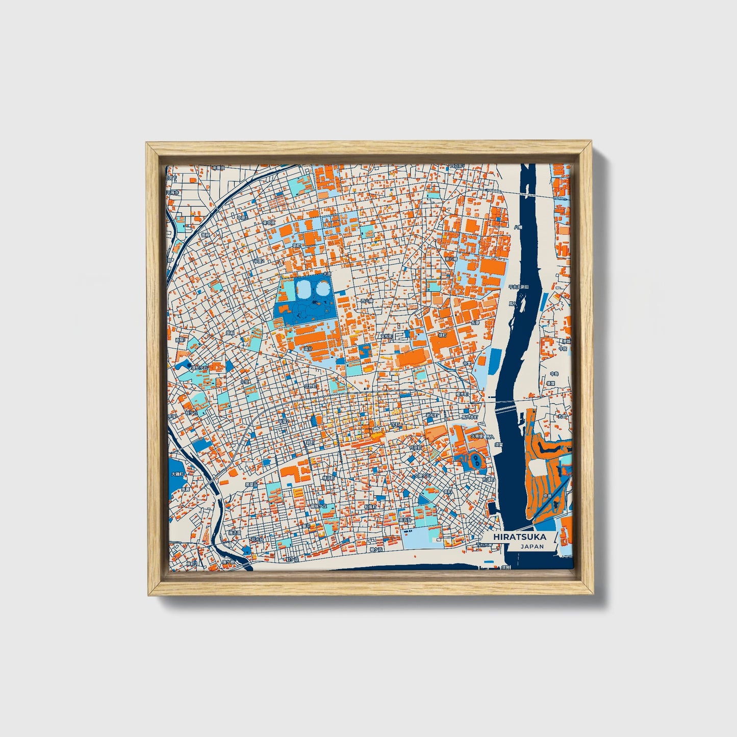 Hiratsuka Japan Colorful City Map Canvas Print • Natural Wooden Framed