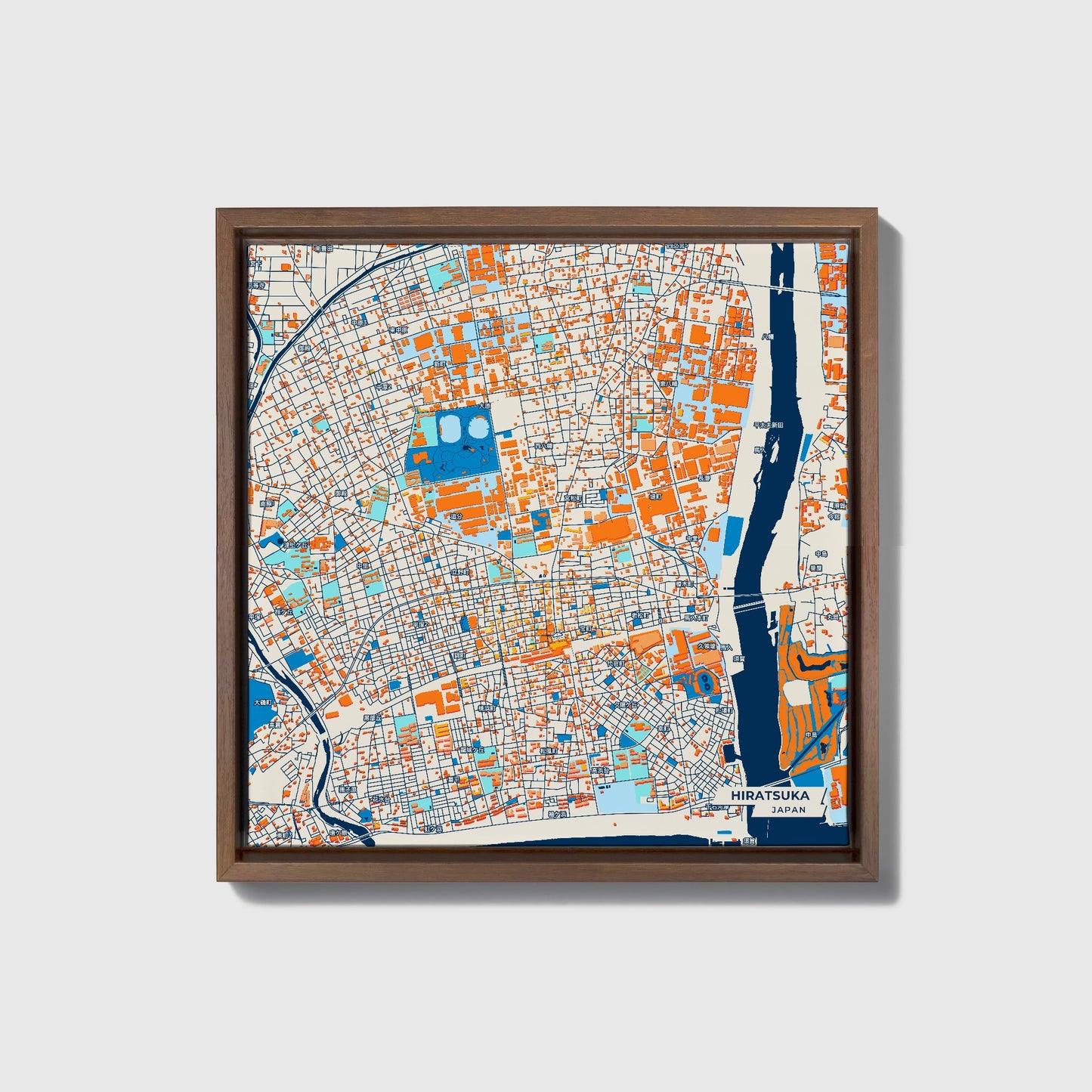 Hiratsuka Japan Colorful City Map Canvas Print • Dark Wooden Framed
