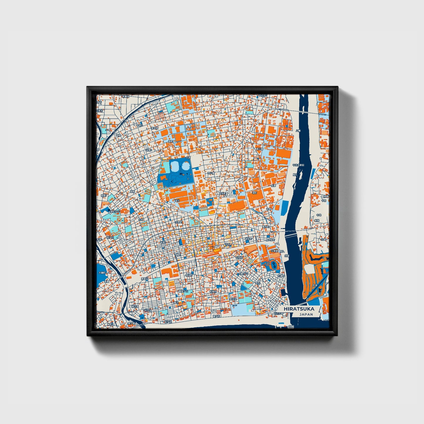 Hiratsuka Japan Colorful City Map Canvas Print • Black Framed