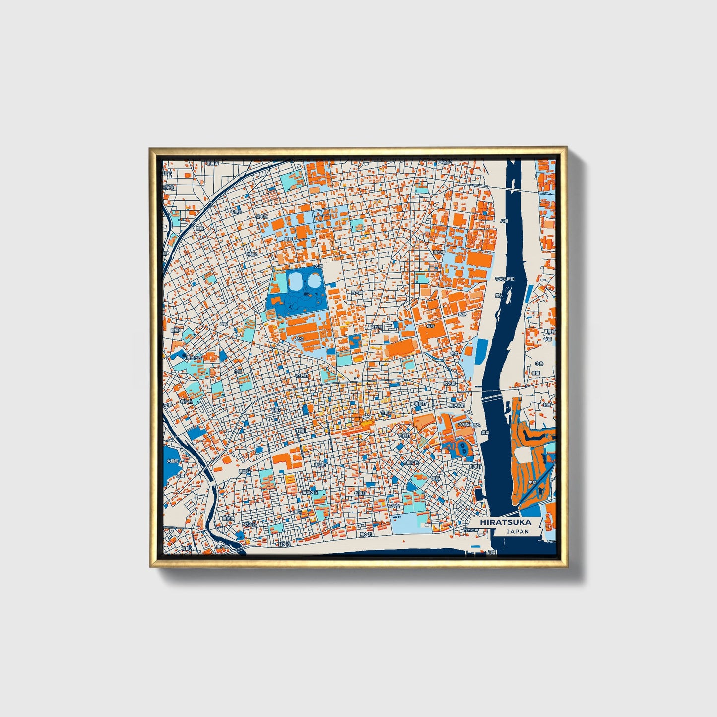 Hiratsuka Japan Colorful City Map Canvas Print • Gold Framed