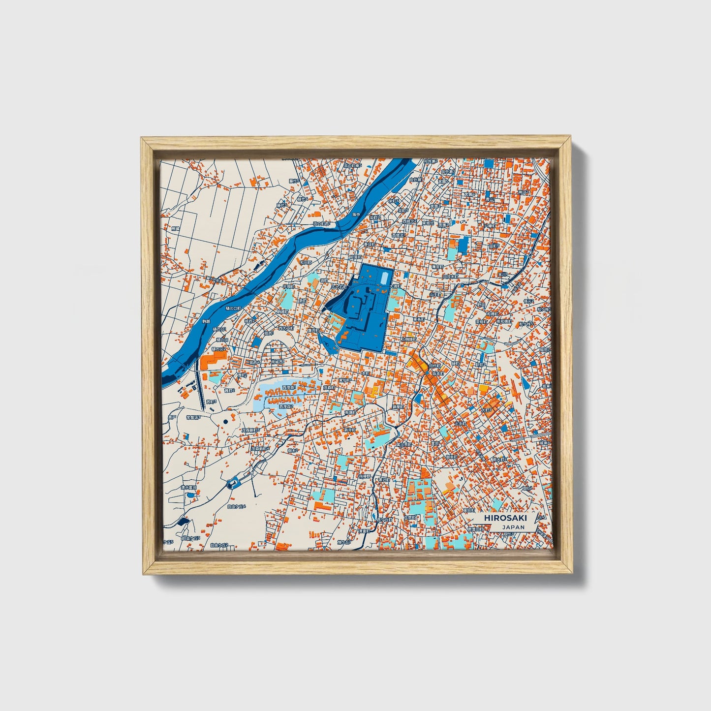 Hirosaki Japan Colorful City Map Canvas Print • Natural Wooden Framed