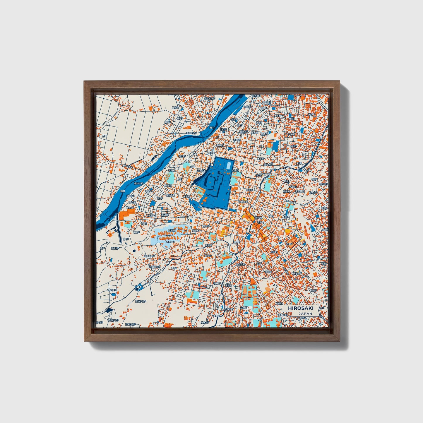 Hirosaki Japan Colorful City Map Canvas Print • Dark Wooden Framed