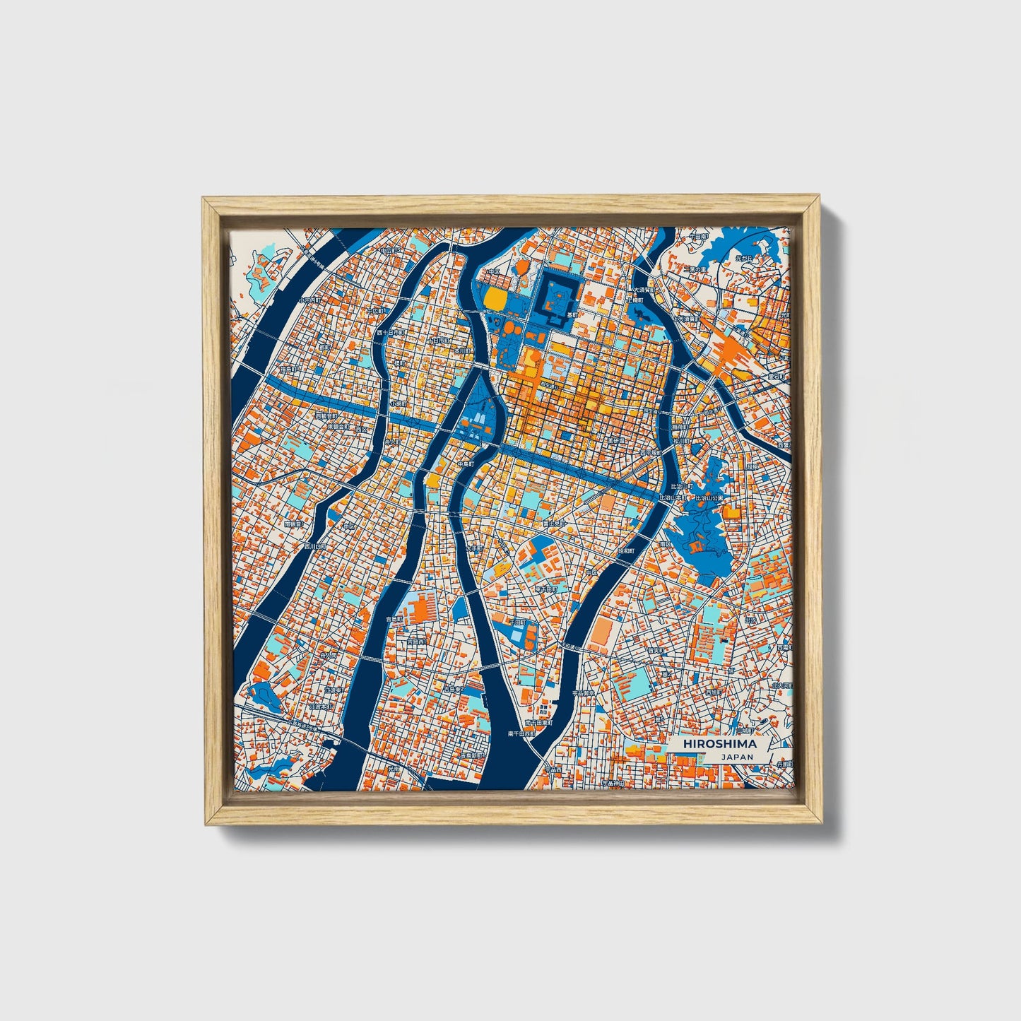 Hiroshima Japan Colorful City Map Canvas Print • Natural Wooden Framed