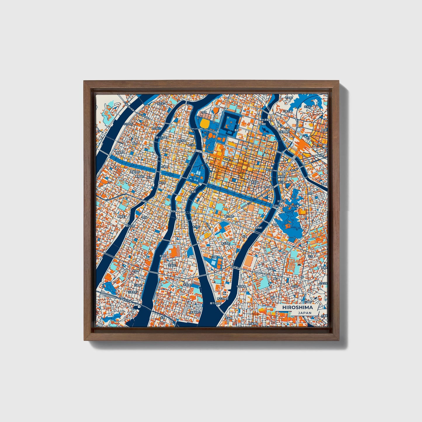 Hiroshima Japan Colorful City Map Canvas Print • Dark Wooden Framed