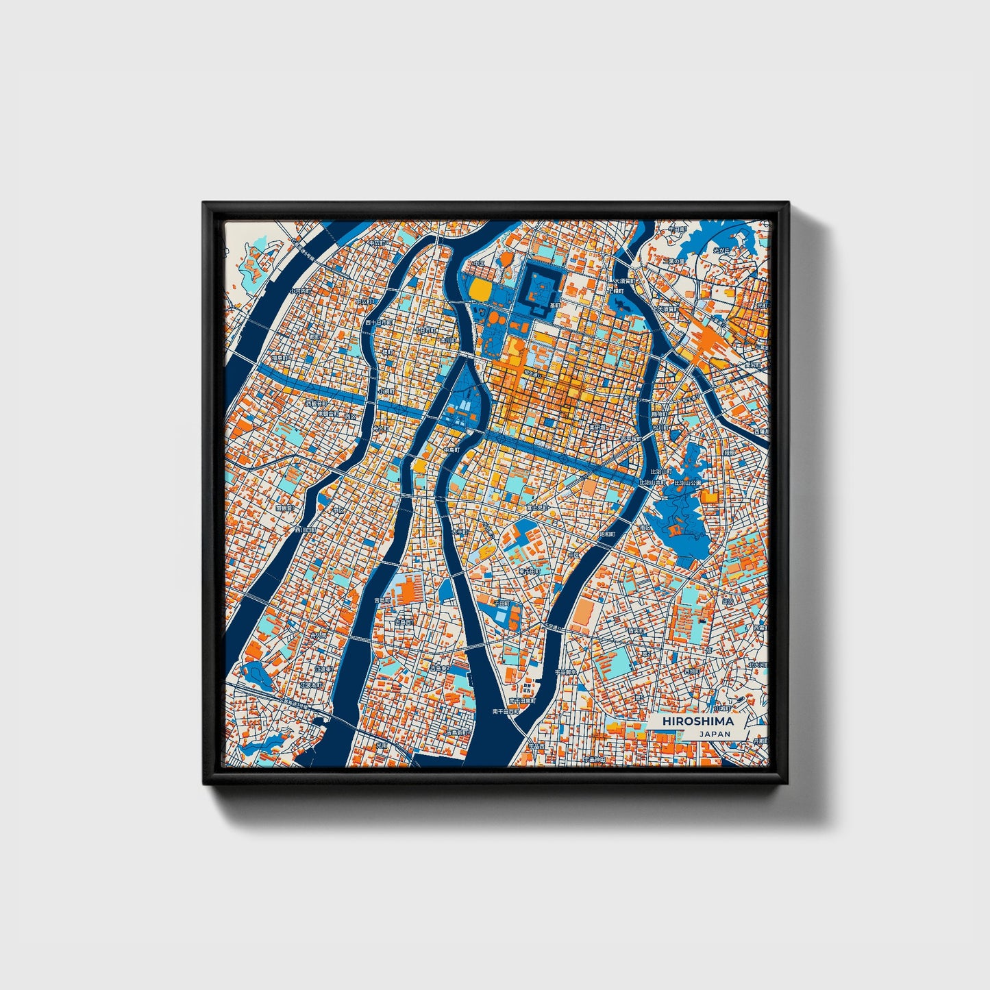 Hiroshima Japan Colorful City Map Canvas Print • Black Framed