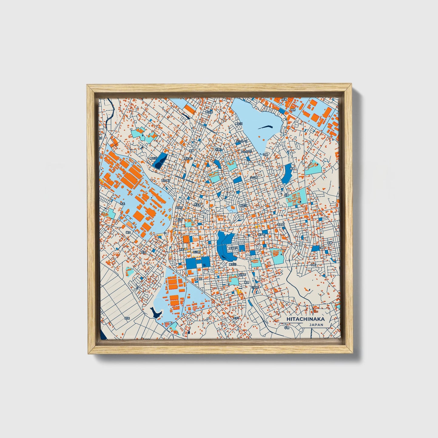 Hitachinaka Japan Colorful City Map Canvas Print • Natural Wooden Framed