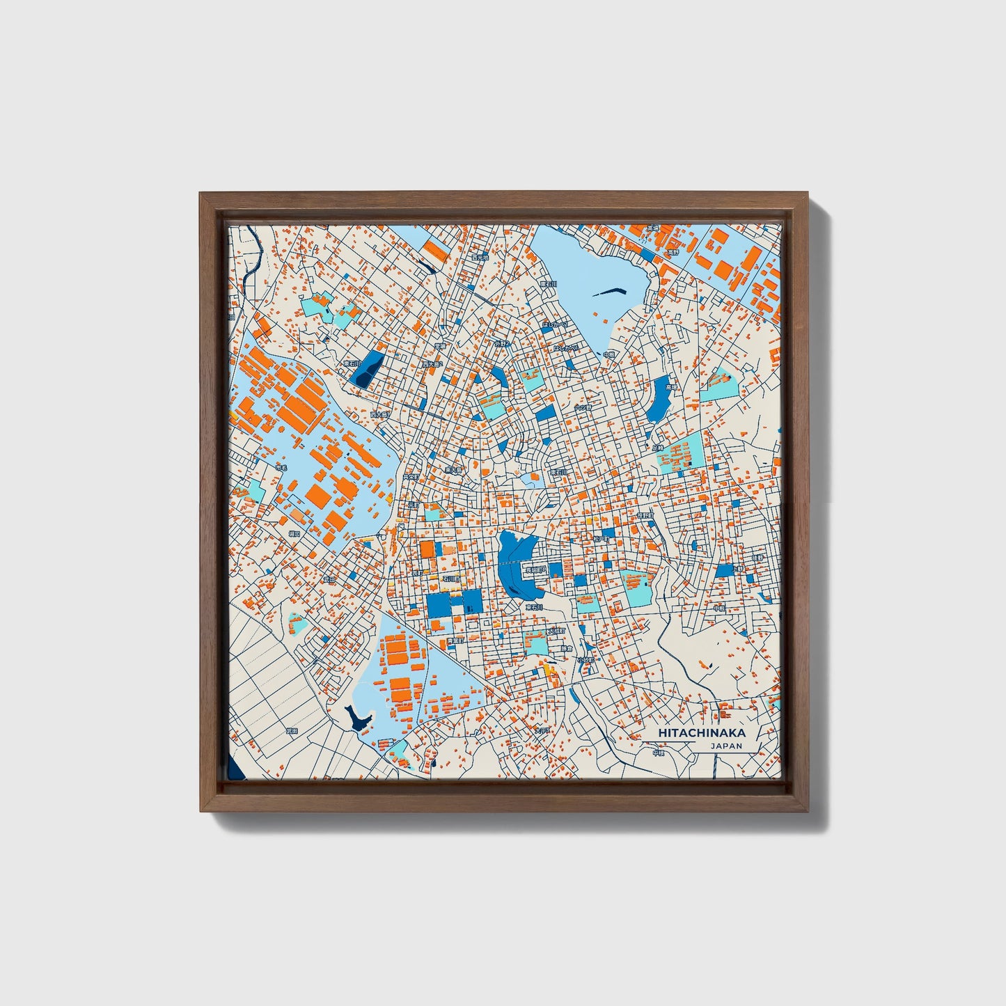 Hitachinaka Japan Colorful City Map Canvas Print • Dark Wooden Framed