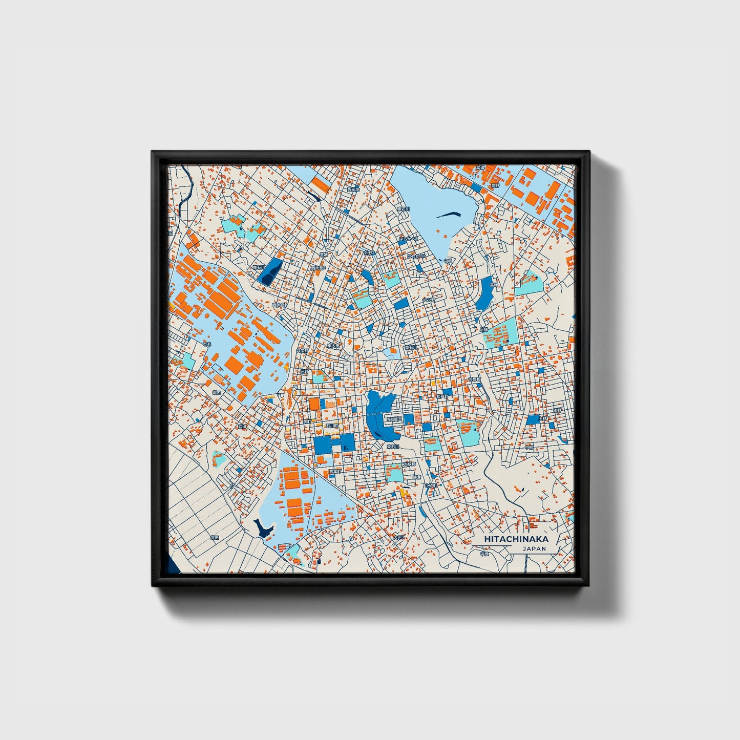 Hitachinaka Japan Colorful City Map Canvas Print • Black Framed