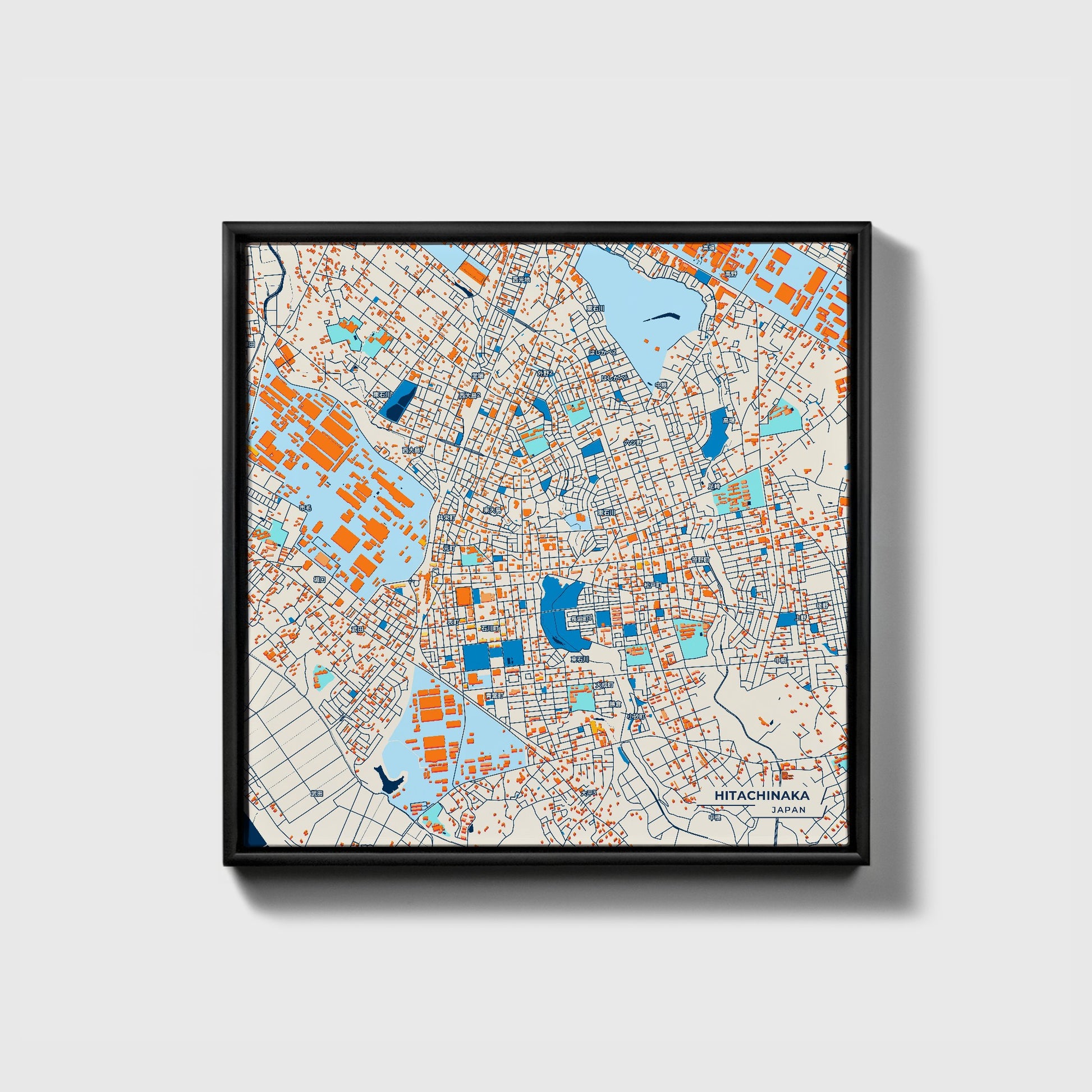 Hitachinaka Japan Colorful City Map Canvas Print • Black Framed