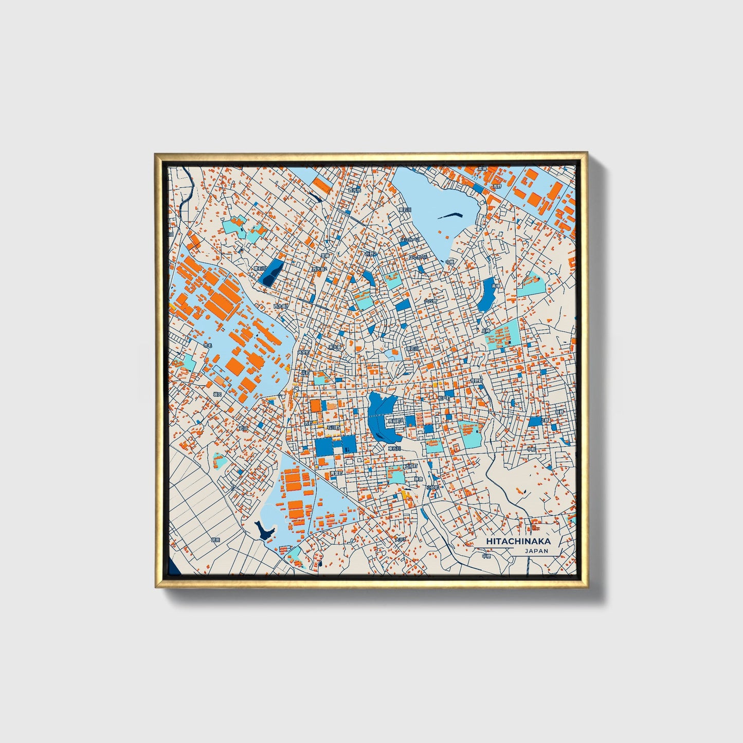 Hitachinaka Japan Colorful City Map Canvas Print • Gold Framed