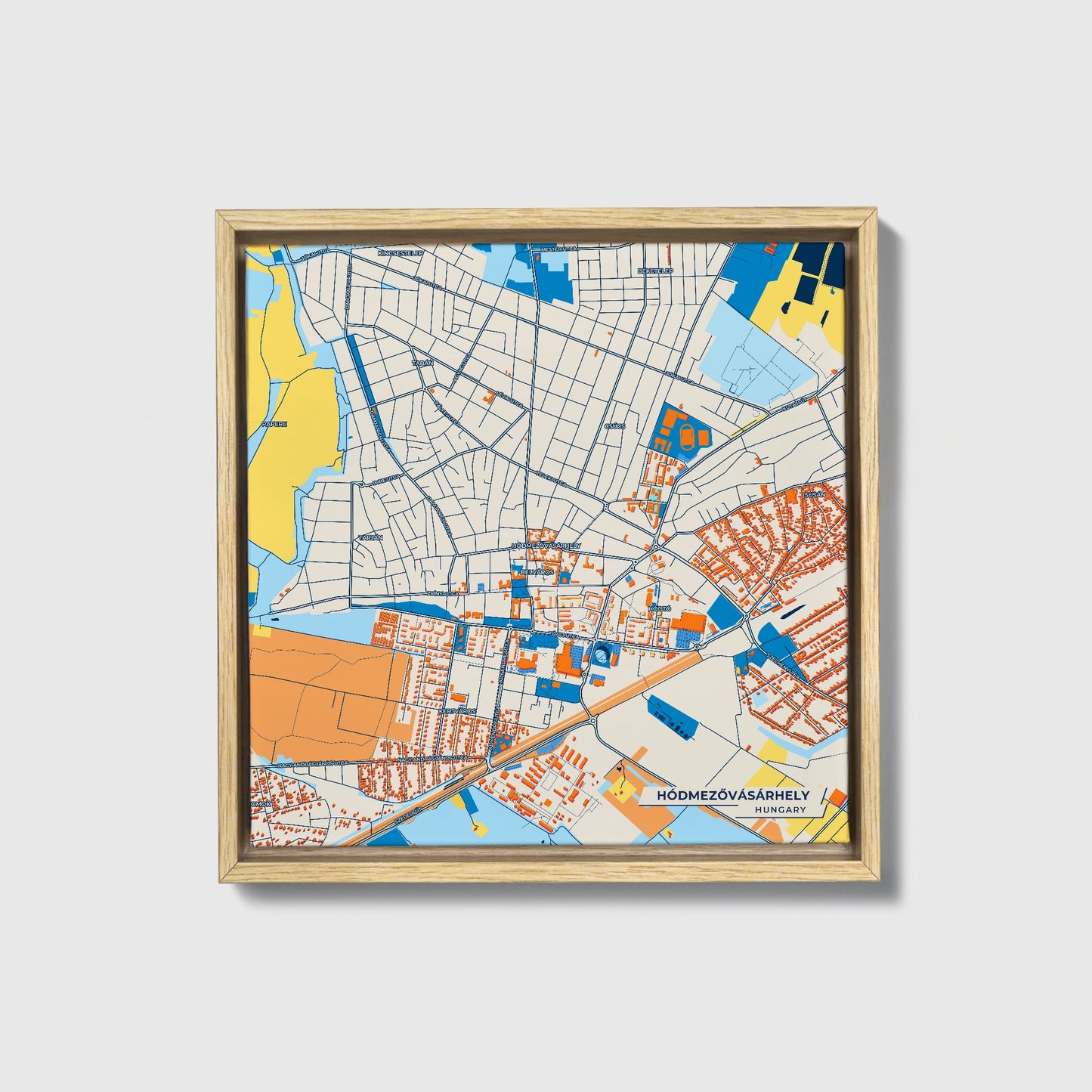 Hódmezővásárhely Hungary Colorful City Map Canvas Print • Natural Wooden Framed
