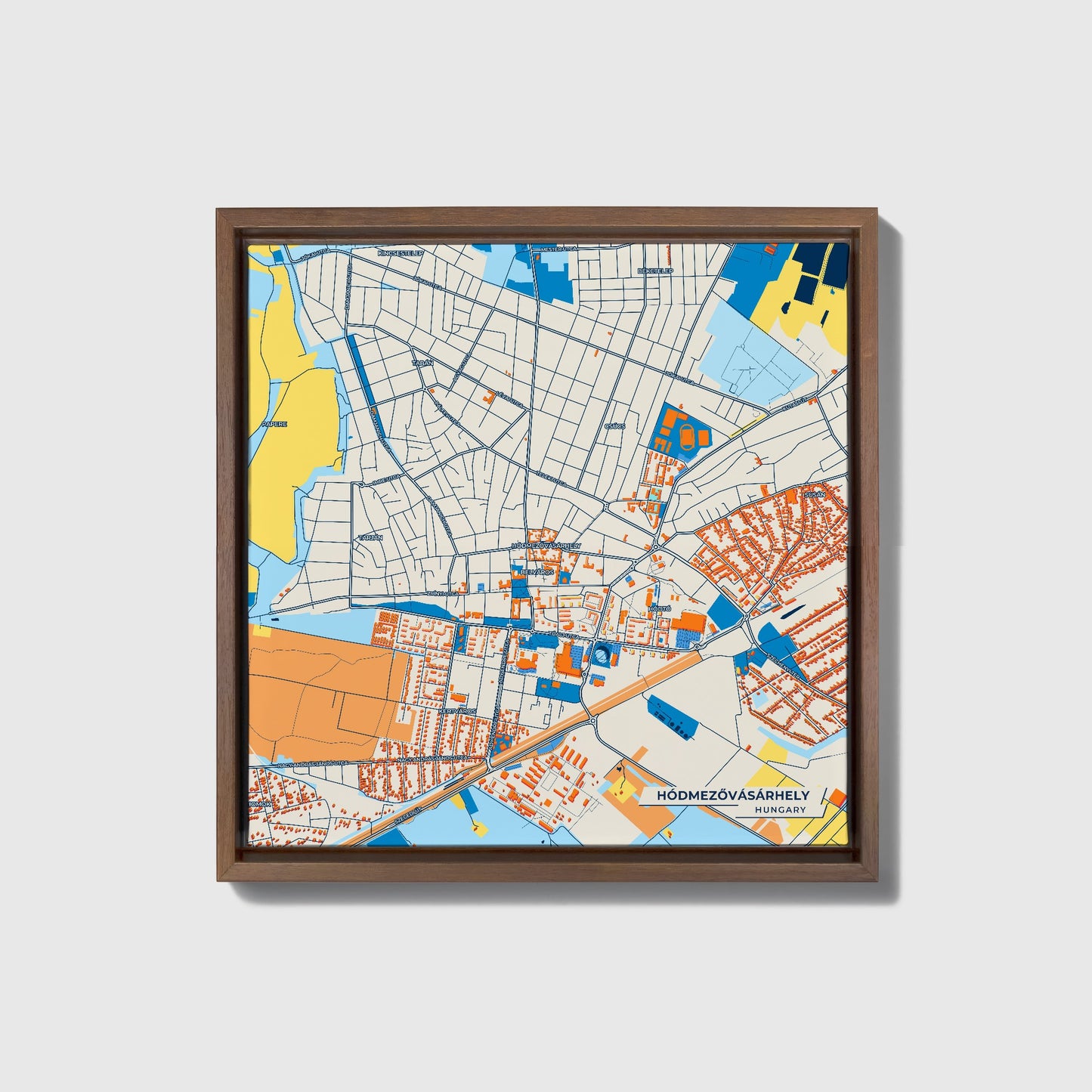 Hódmezővásárhely Hungary Colorful City Map Canvas Print • Dark Wooden Framed