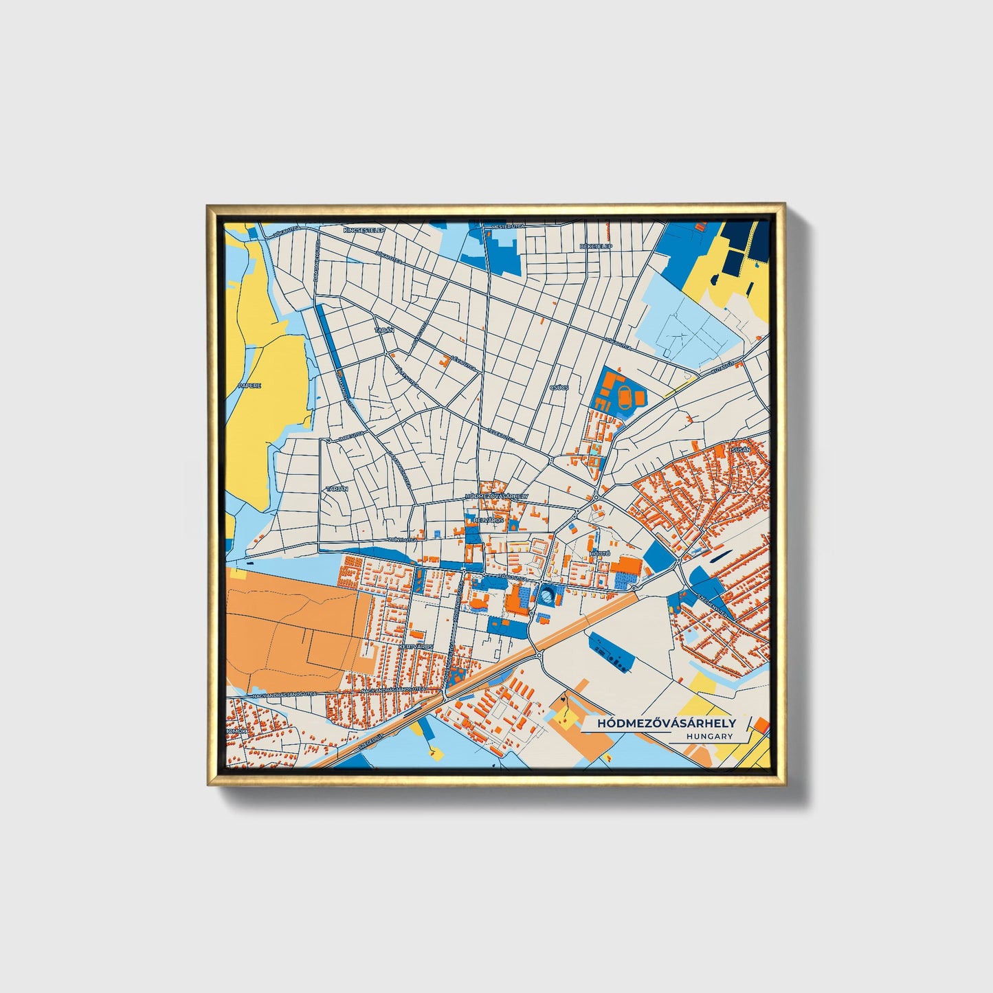 Hódmezővásárhely Hungary Colorful City Map Canvas Print • Gold Framed