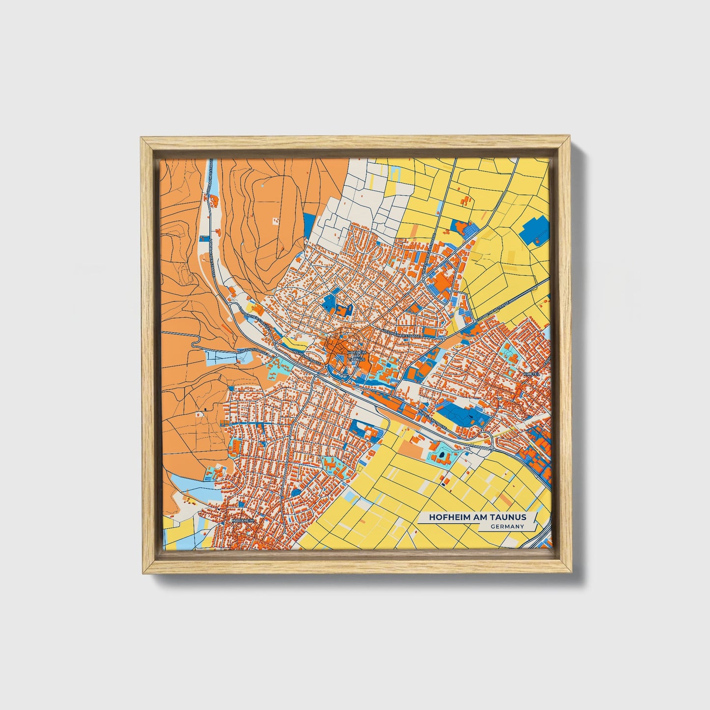 Hofheim Am Taunus Germany Colorful City Map Canvas Print • Natural Wooden Framed