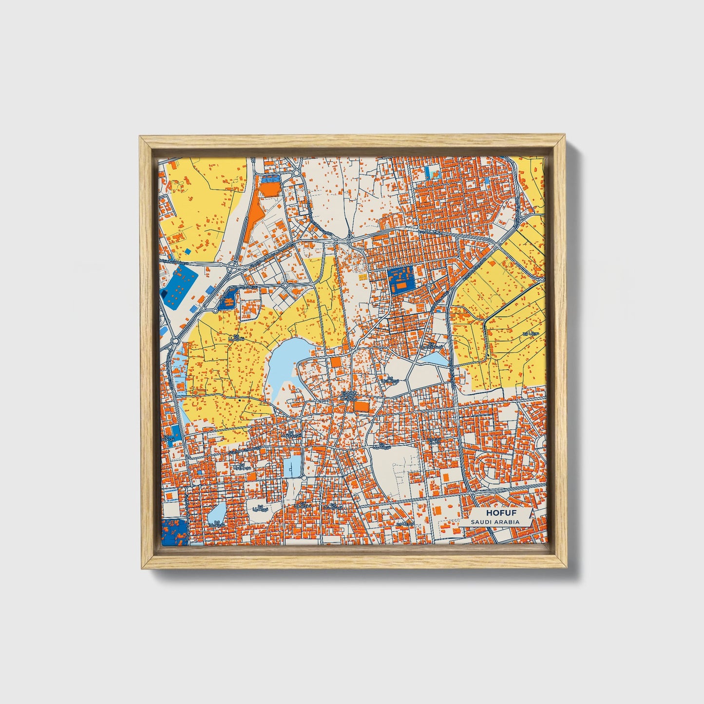 Hofuf Saudi Arabia Colorful City Map Canvas Print • Natural Wooden Framed