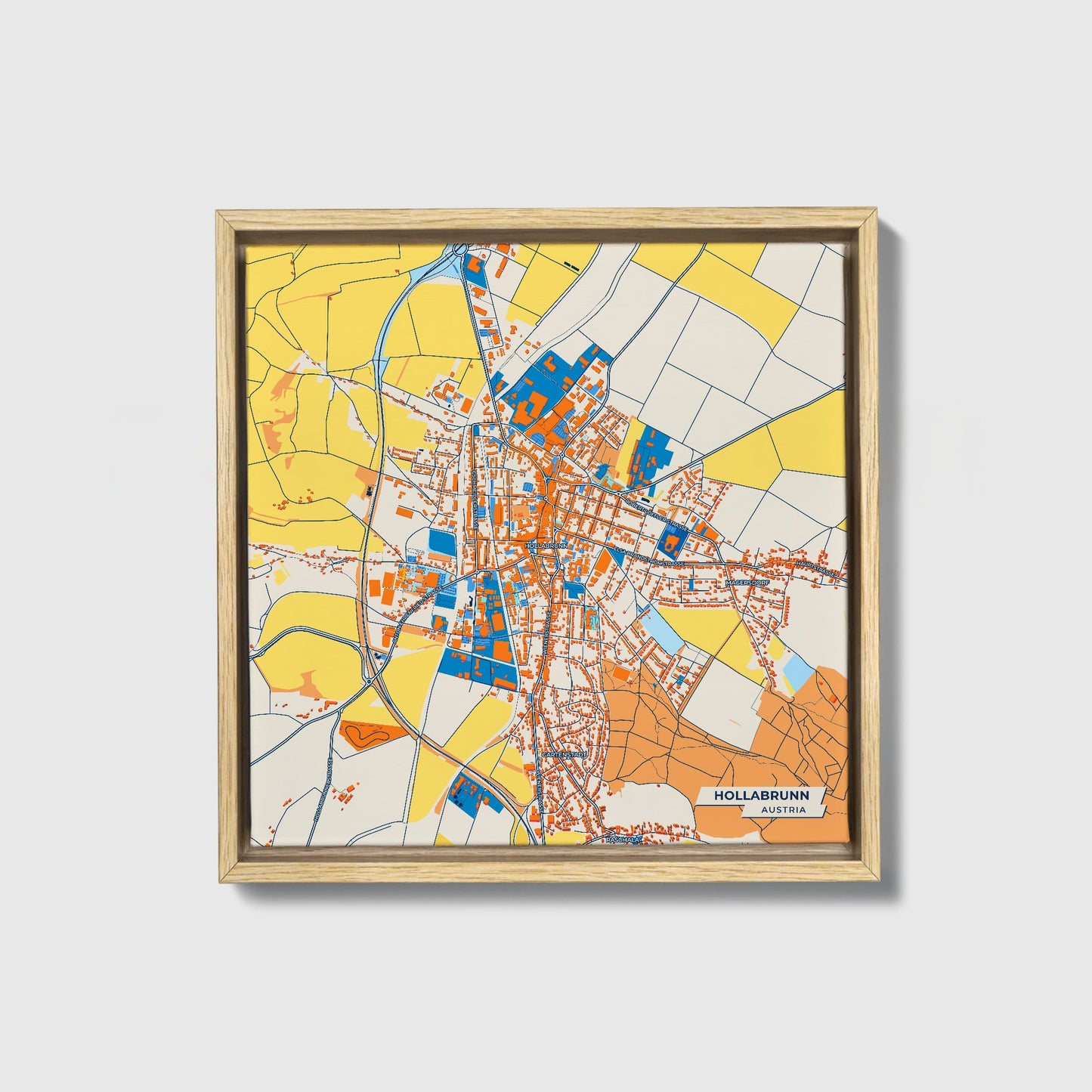 Hollabrunn Austria Colorful City Map Canvas Print • Natural Wooden Framed