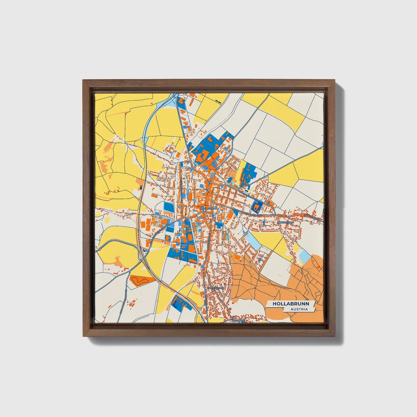 Hollabrunn Austria Colorful City Map Canvas Print • Dark Wooden Framed
