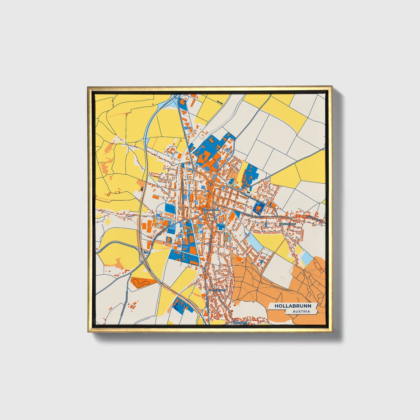 Hollabrunn Austria Colorful City Map Canvas Print • Gold Framed