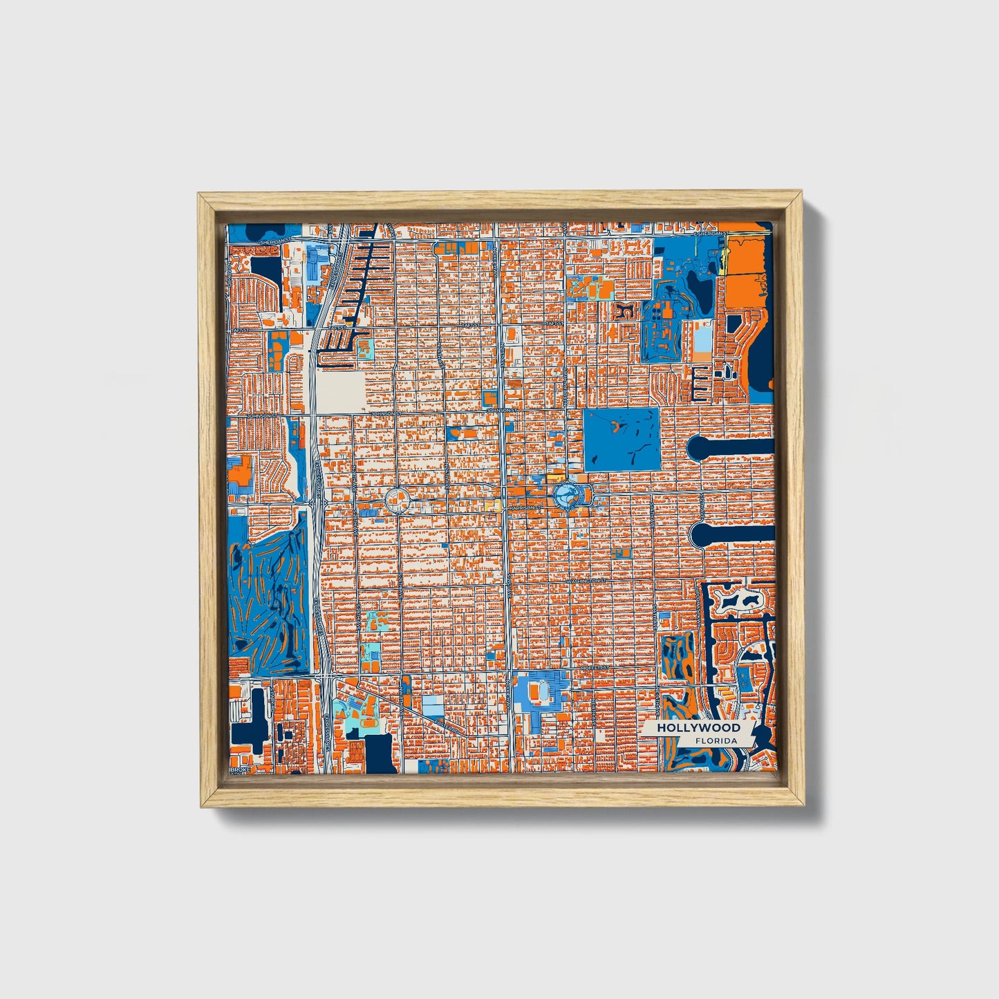 Hollywood Florida Colorful City Map Canvas Print • Natural Wooden Framed