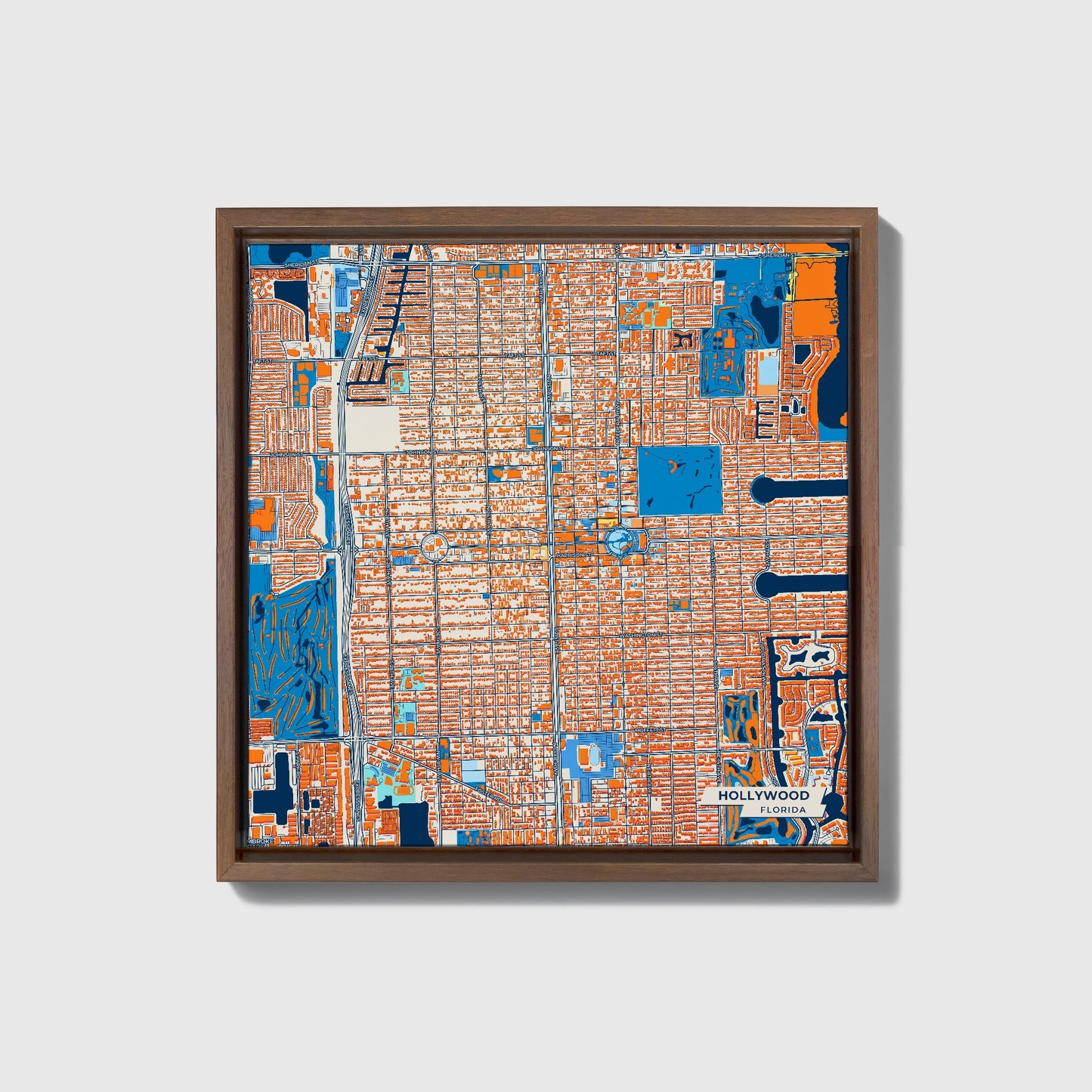 Hollywood Florida Colorful City Map Canvas Print • Dark Wooden Framed