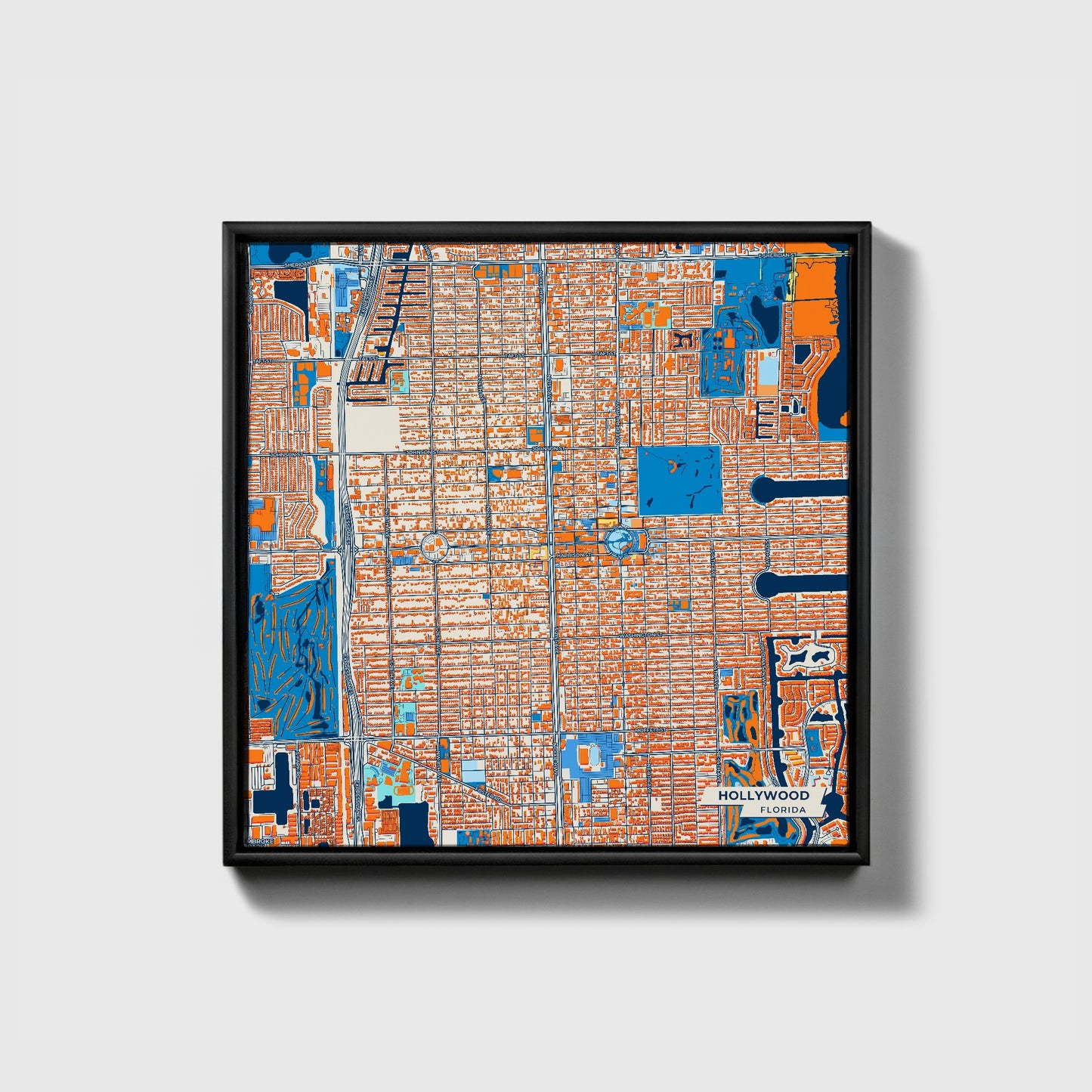 Hollywood Florida Colorful City Map Canvas Print • Black Framed