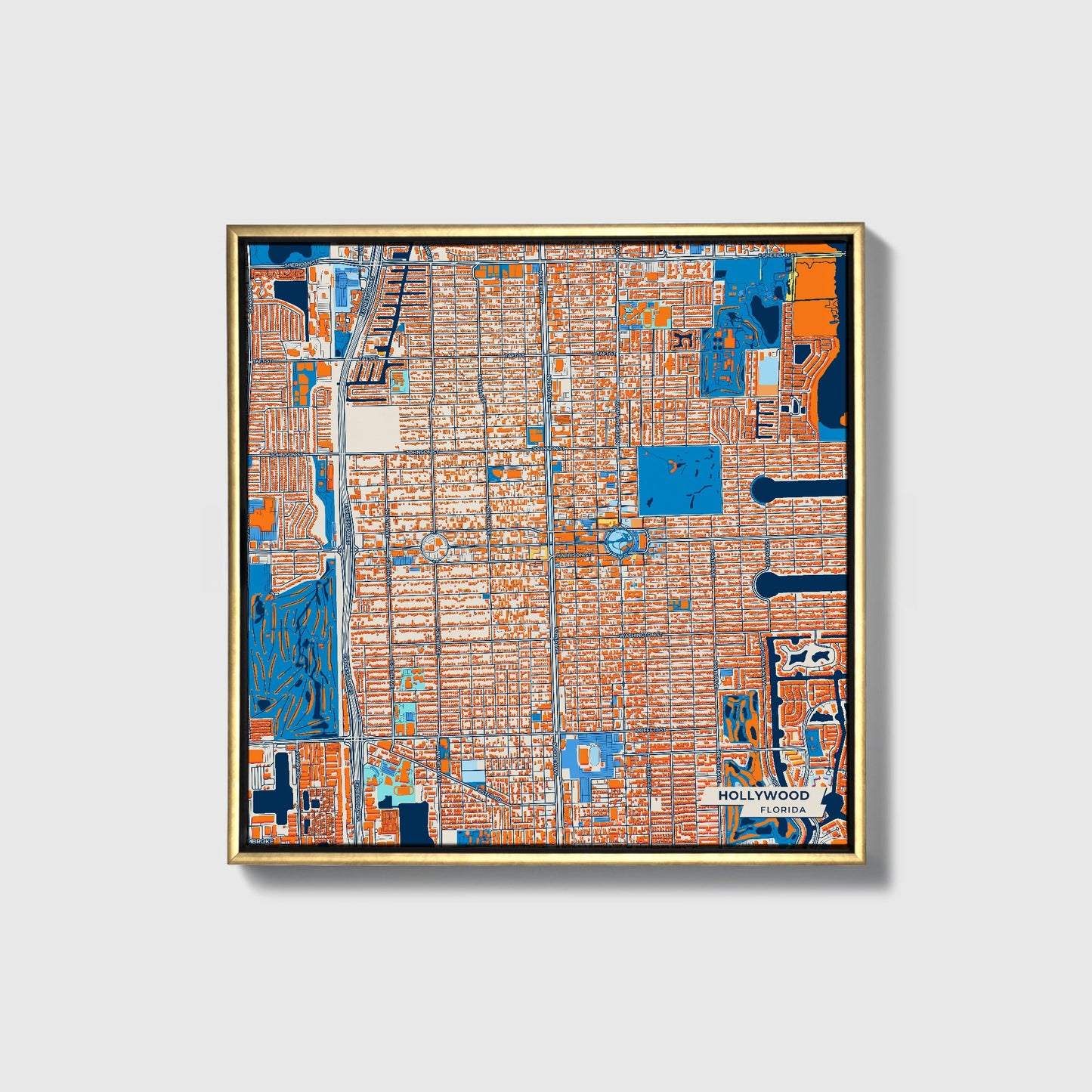 Hollywood Florida Colorful City Map Canvas Print • Gold Framed
