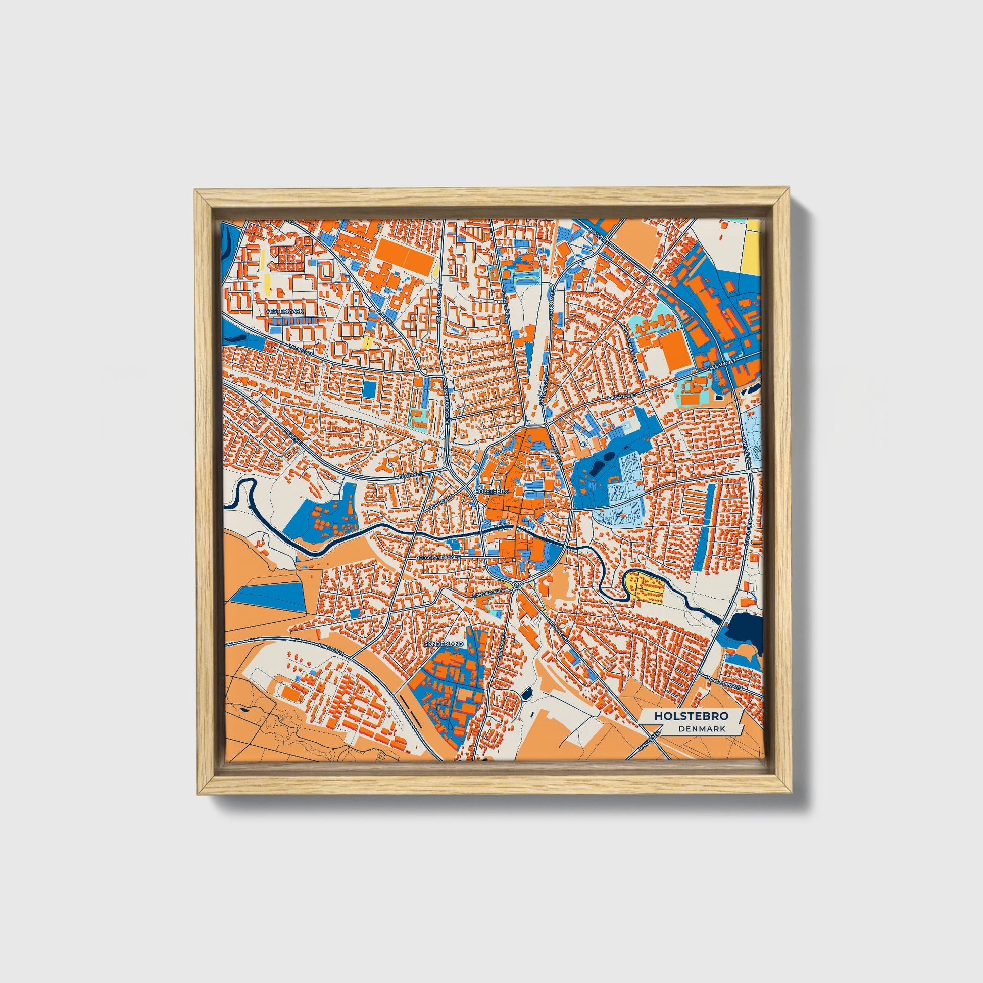 Holstebro Denmark Colorful City Map Canvas Print • Natural Wooden Framed