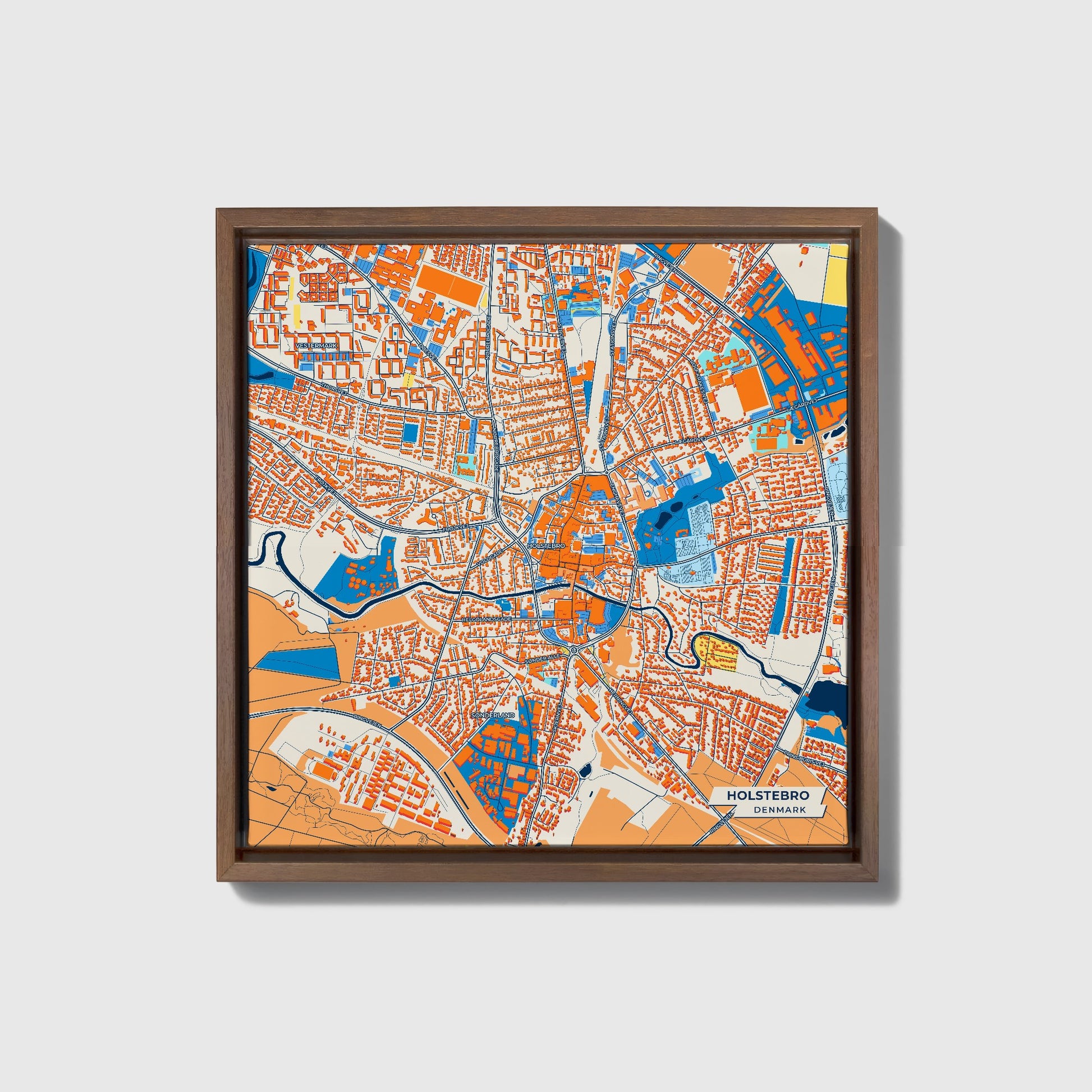Holstebro Denmark Colorful City Map Canvas Print • Dark Wooden Framed