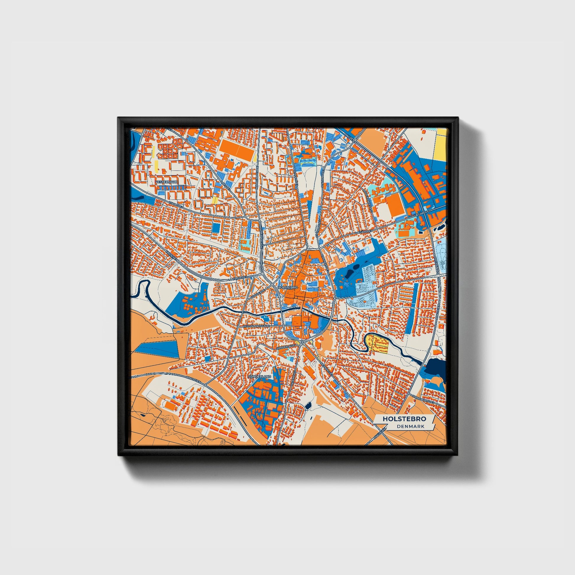 Holstebro Denmark Colorful City Map Canvas Print • Black Framed