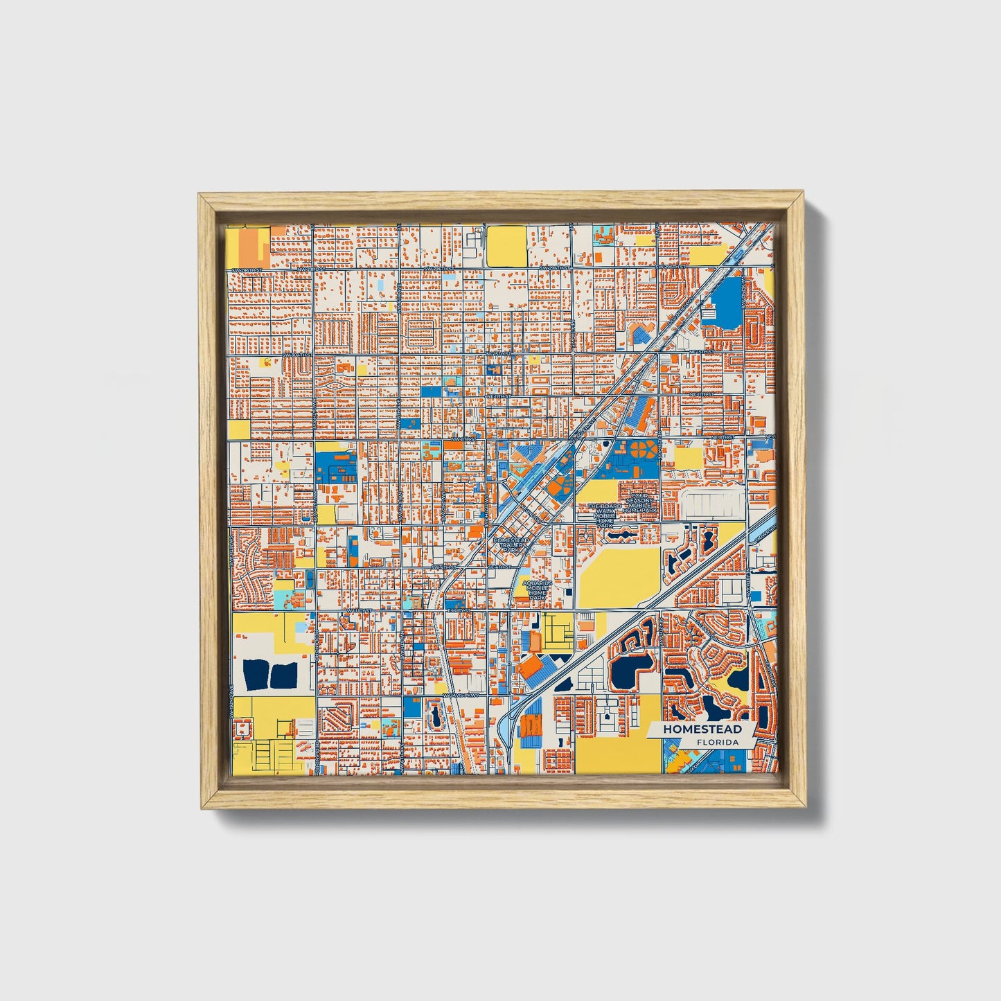 Homestead Florida Colorful City Map Canvas Print • Natural Wooden Framed