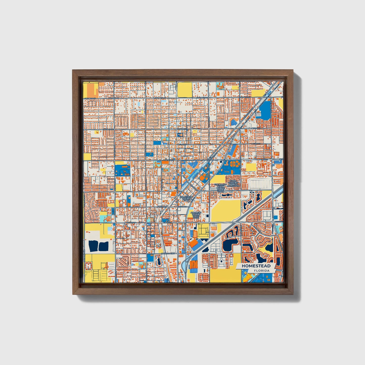Homestead Florida Colorful City Map Canvas Print • Dark Wooden Framed