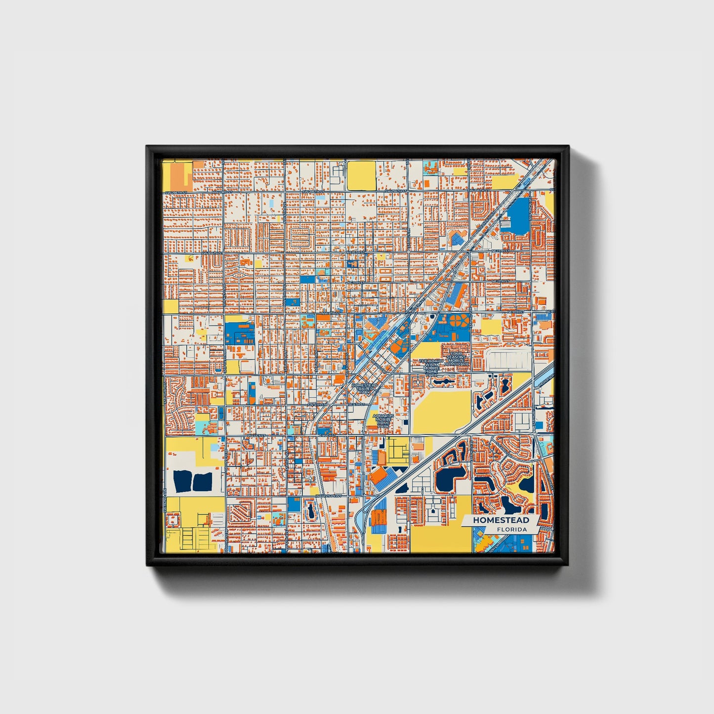 Homestead Florida Colorful City Map Canvas Print • Black Framed