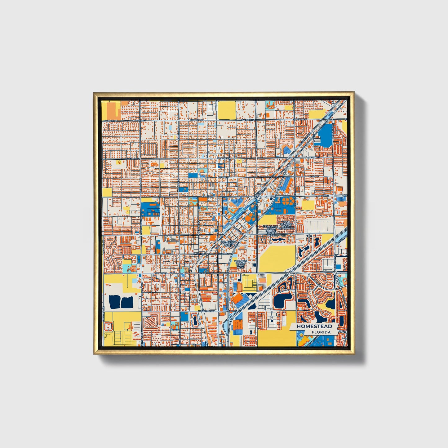 Homestead Florida Colorful City Map Canvas Print • Gold Framed