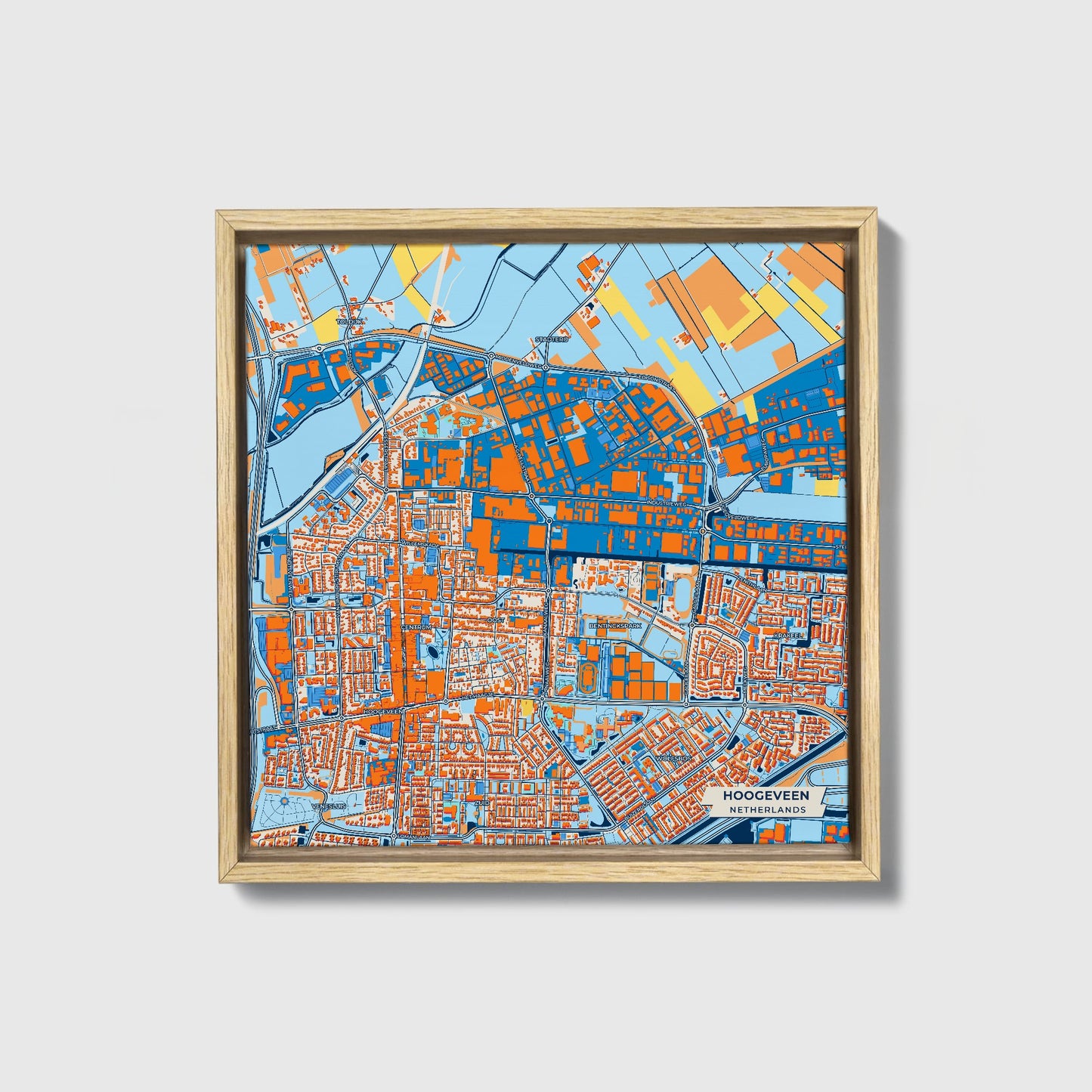 Hoogeveen Netherlands Colorful City Map Canvas Print • Natural Wooden Framed