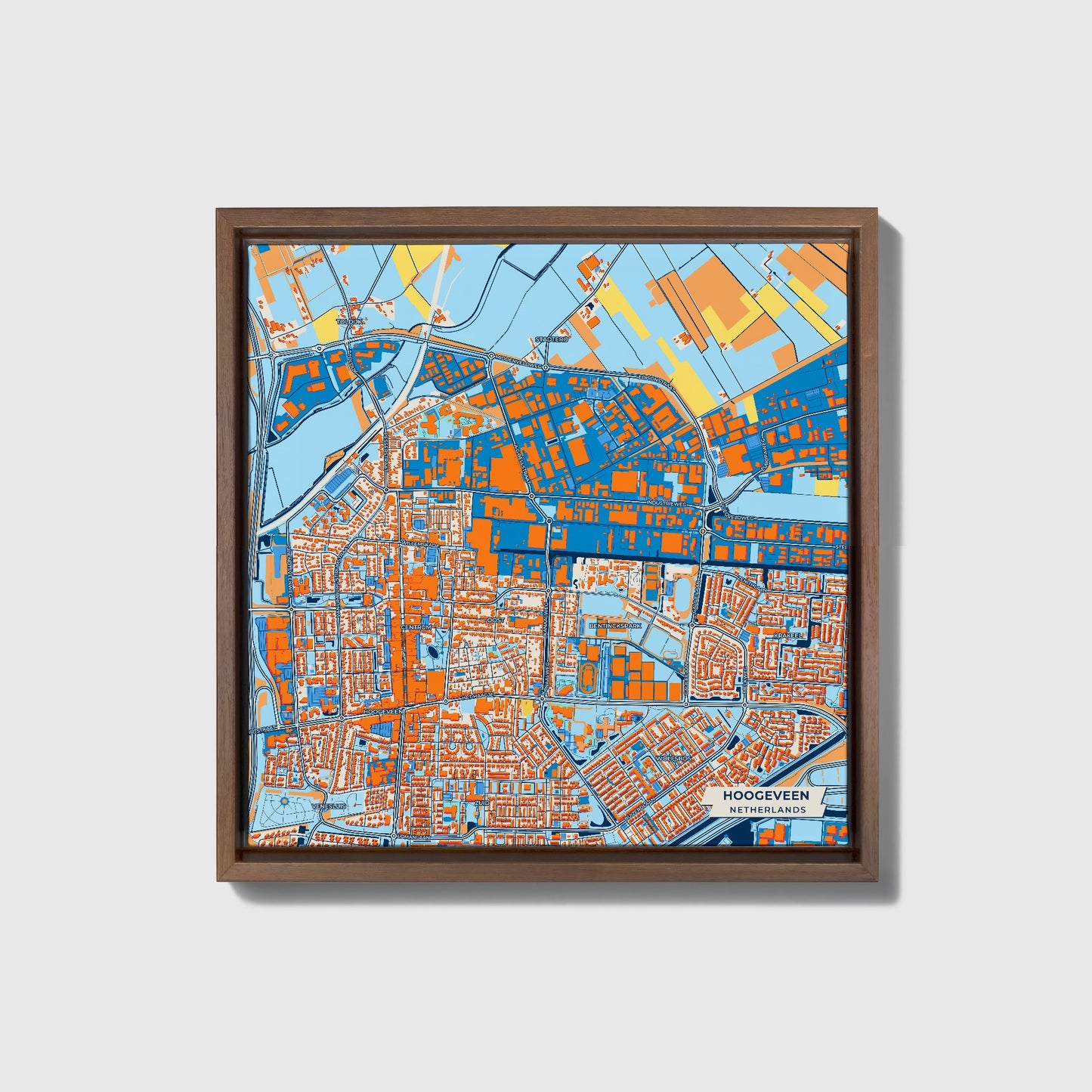 Hoogeveen Netherlands Colorful City Map Canvas Print • Dark Wooden Framed