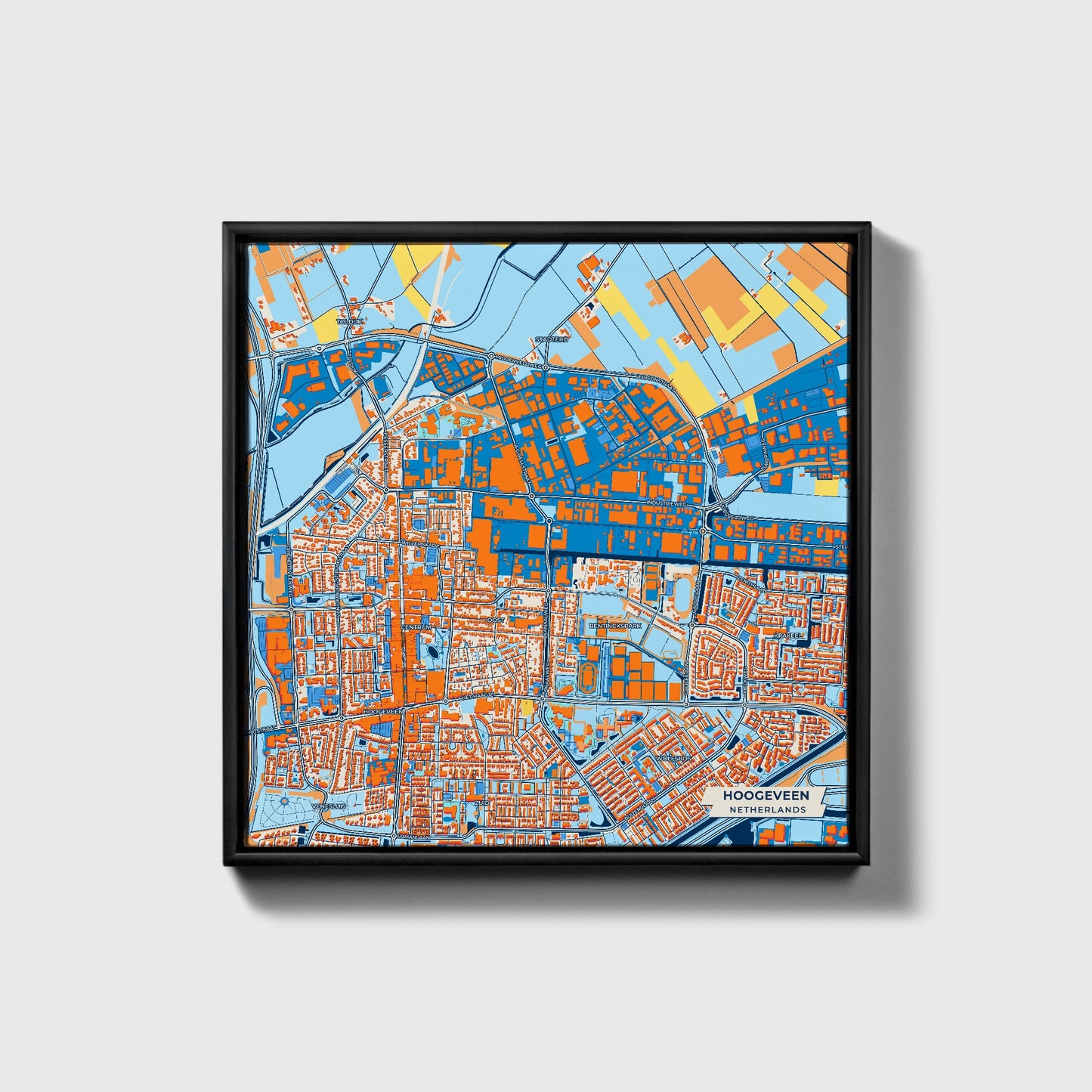Hoogeveen Netherlands Colorful City Map Canvas Print • Black Framed