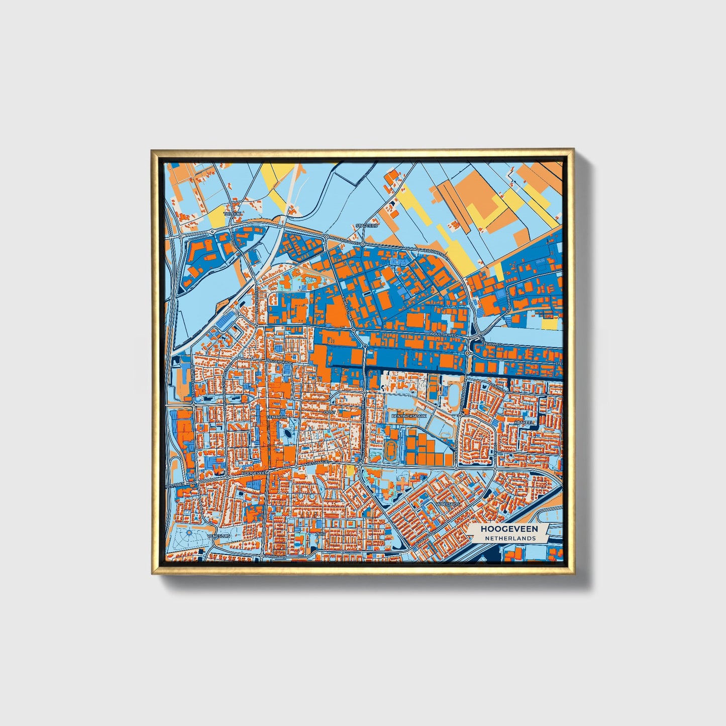 Hoogeveen Netherlands Colorful City Map Canvas Print • Gold Framed