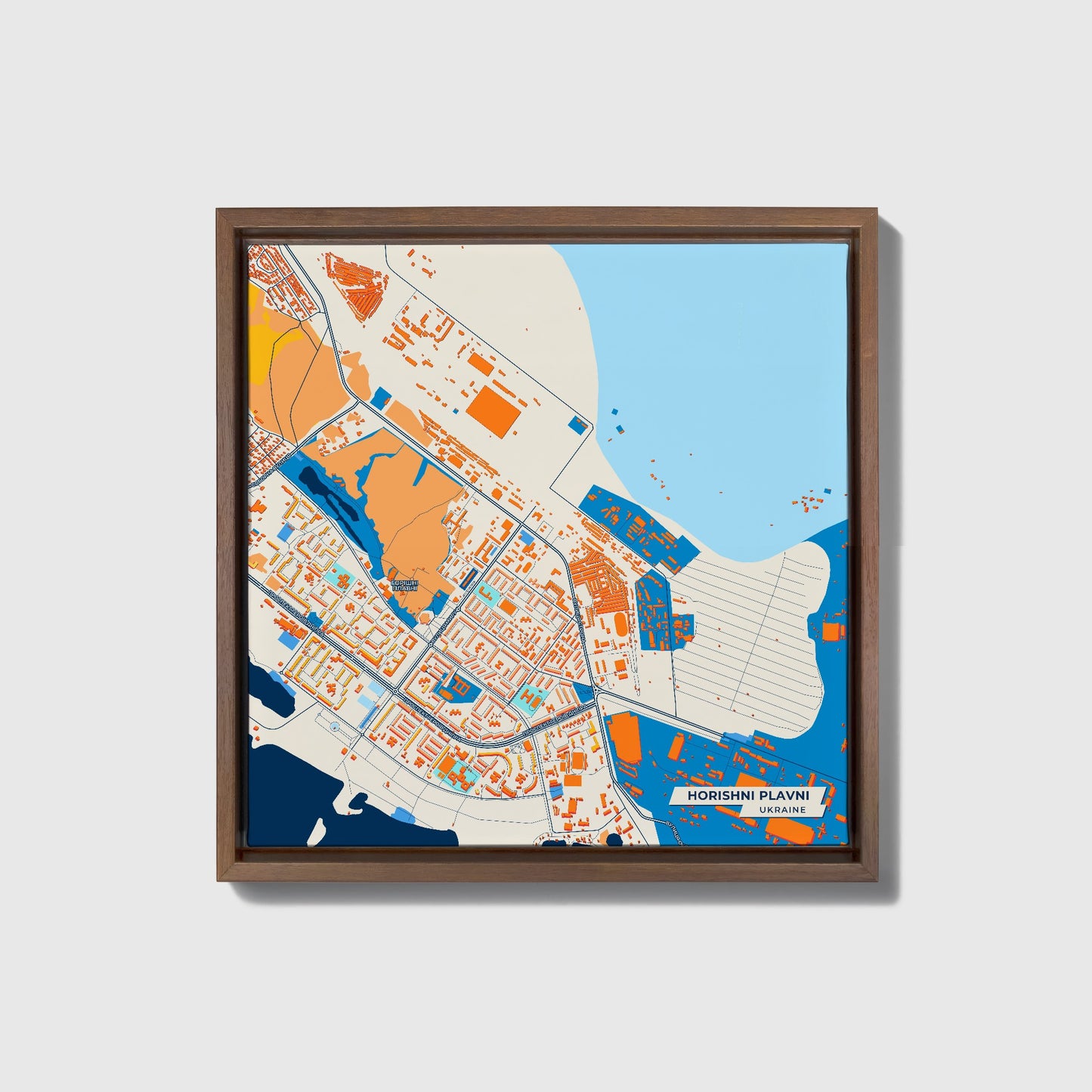 Горишні Плавні Ukraine Colorful City Map Canvas Print • Dark Wooden Framed
