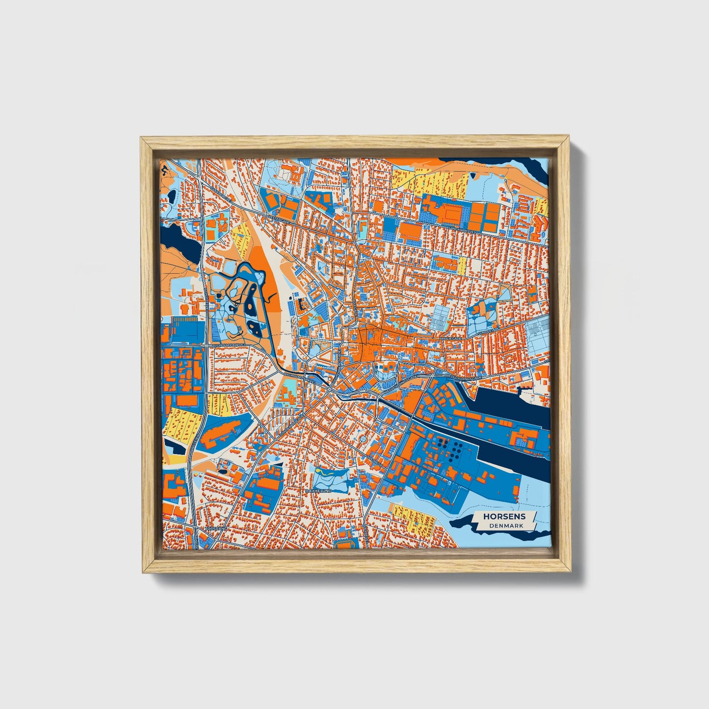 Horsens Denmark Colorful City Map Canvas Print • Natural Wooden Framed