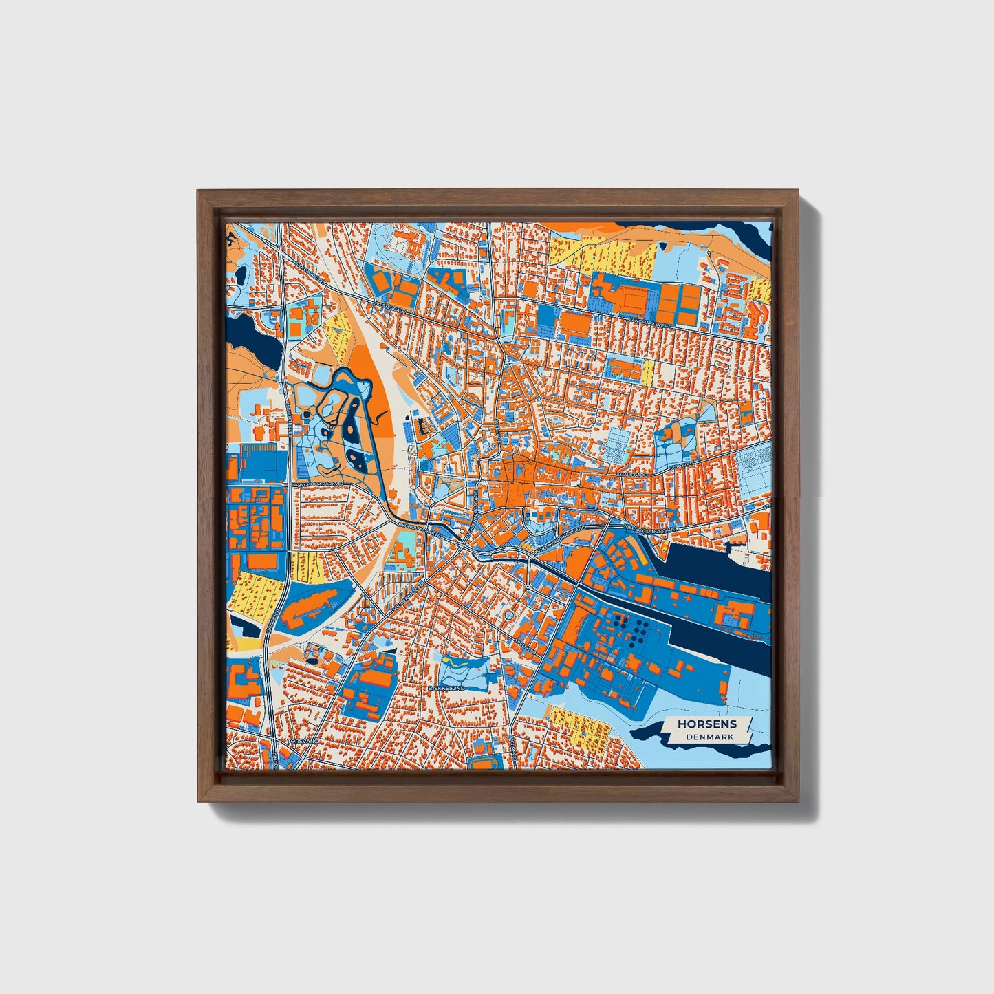 Horsens Denmark Colorful City Map Canvas Print • Dark Wooden Framed