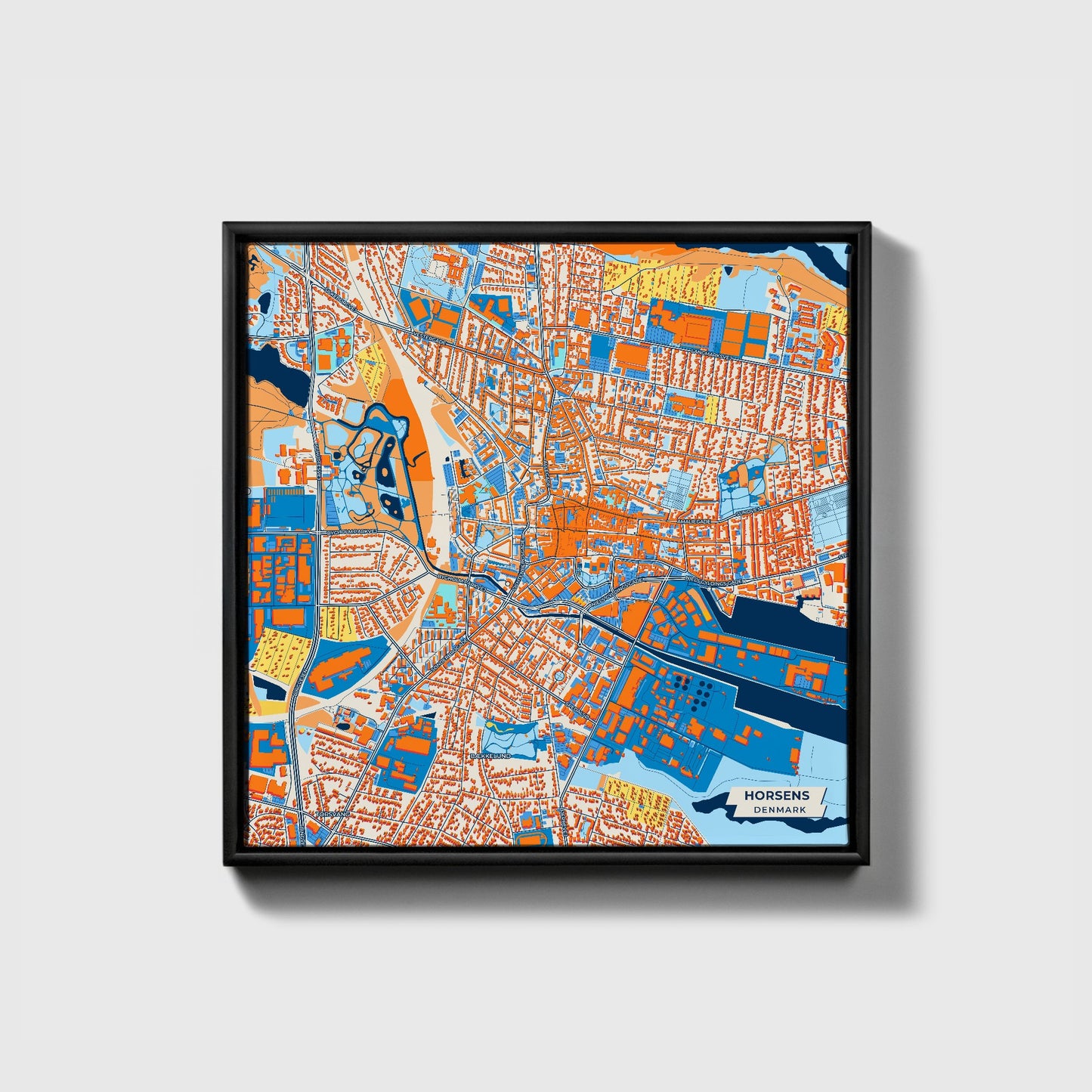 Horsens Denmark Colorful City Map Canvas Print • Black Framed