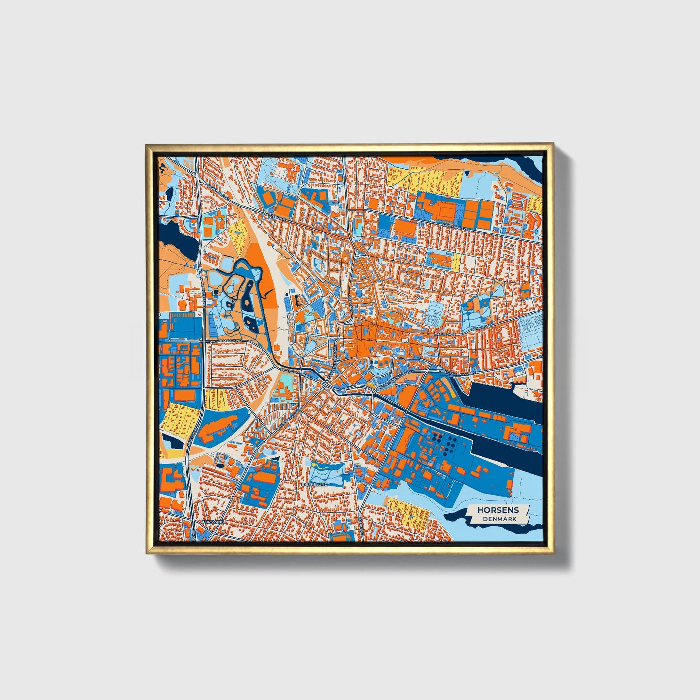 Horsens Denmark Colorful City Map Canvas Print • Gold Framed